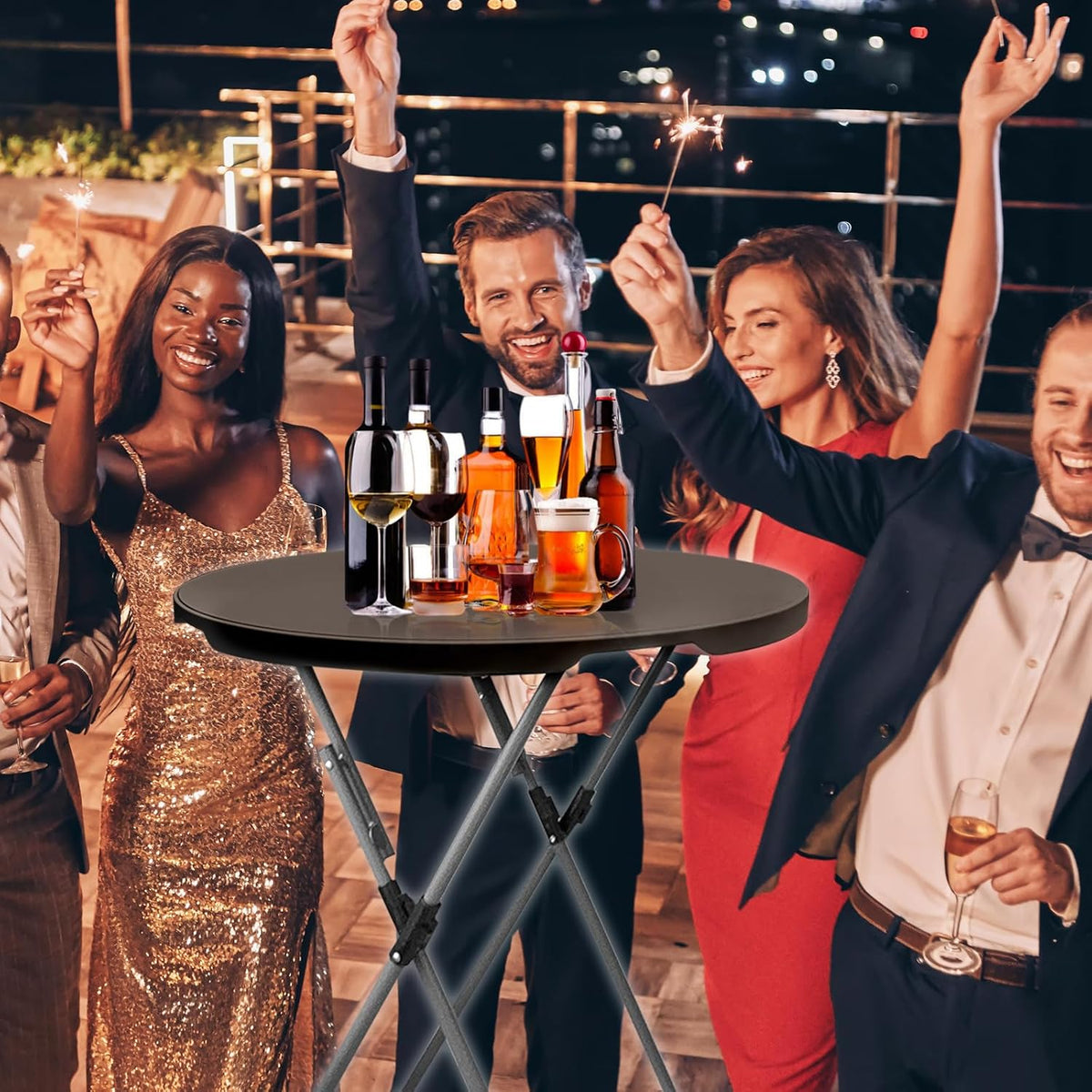 32in Round Folding Cocktail Table Bar Height Brown 1 Pack