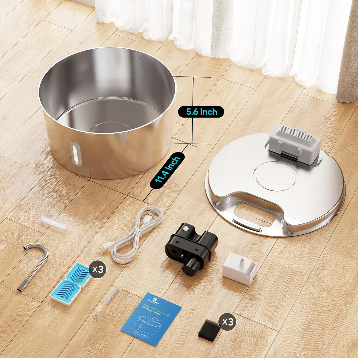 Voluas 7L Wireless Dog Water Fountain with 1 Filter, Stainless Steel