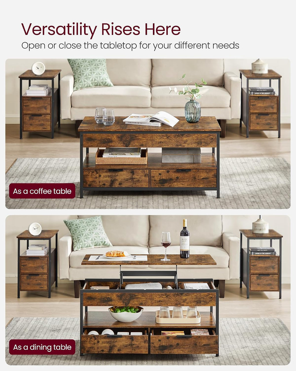 VASAGLE Lift Top Coffee Table with Storage Drawers, Hidden Compartments
