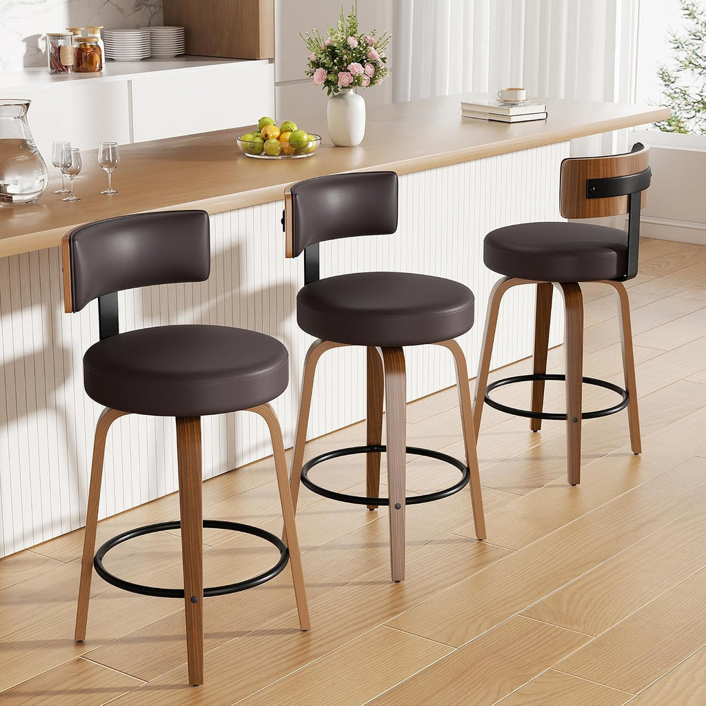 Swivel Bar Stools Set of 3, 26" Faux Leather Upholstered Counter Height Bar Stools with Back and Bentwood Legs, Mid Century Modern Bar Chairs Island Stools for Kitchen Counter, Dark Brown
