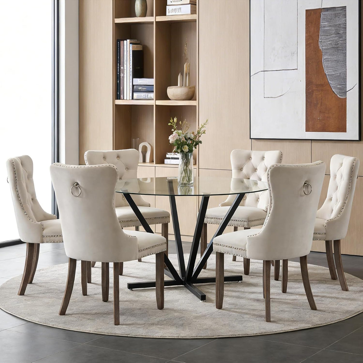 7-Piece Round Glass Dining Table Set for 6, Luxury Clear Tempered Glass Kitchen Table Set with 6 Beige Velvet Chairs,45.2" Circle Dining Room Tables with Black Geometric Metal Base