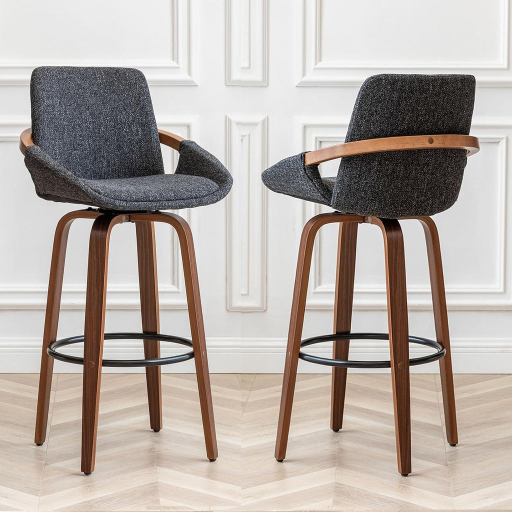 LUNLING 29.5" Set of 3 Bar Height Barstools Mid Century Modern Retro Bar Chairs Charcoal Gray Linen Look Fabric Upholstered and Walnut Wood Frame for Home Bar Furniture(Darkgray)