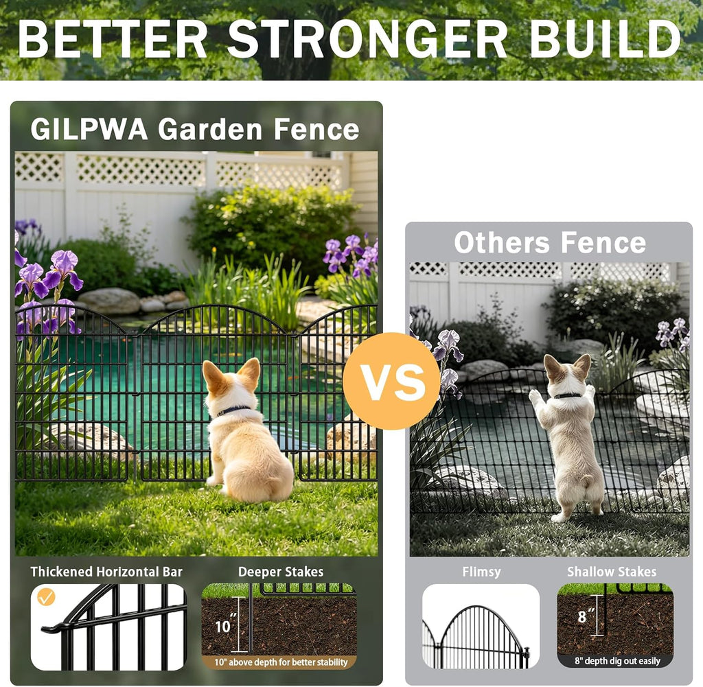 10 Panels Garden Fence Animal Barrier with Lock, 33in (H) x 24ft (L) Dog Fences Outdoor for Yard No Dig Rustproof Decorative Tall Metal Panel Border Rabbits Temporary Ground Stakes Fencing