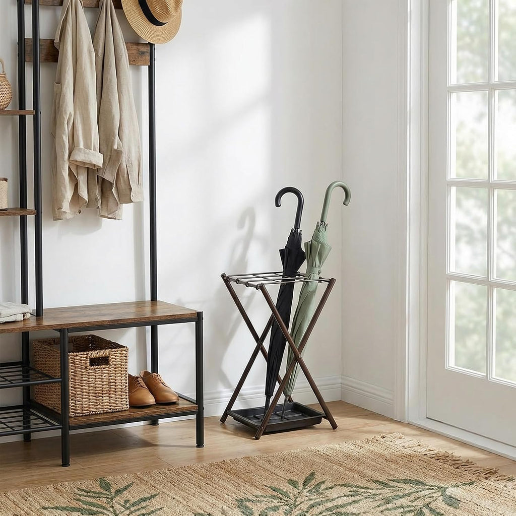 Folding Umbrella Storage Stand Rack Holder Organizer Bin for Entryway Home Commercial Office Décor with Drip Tray