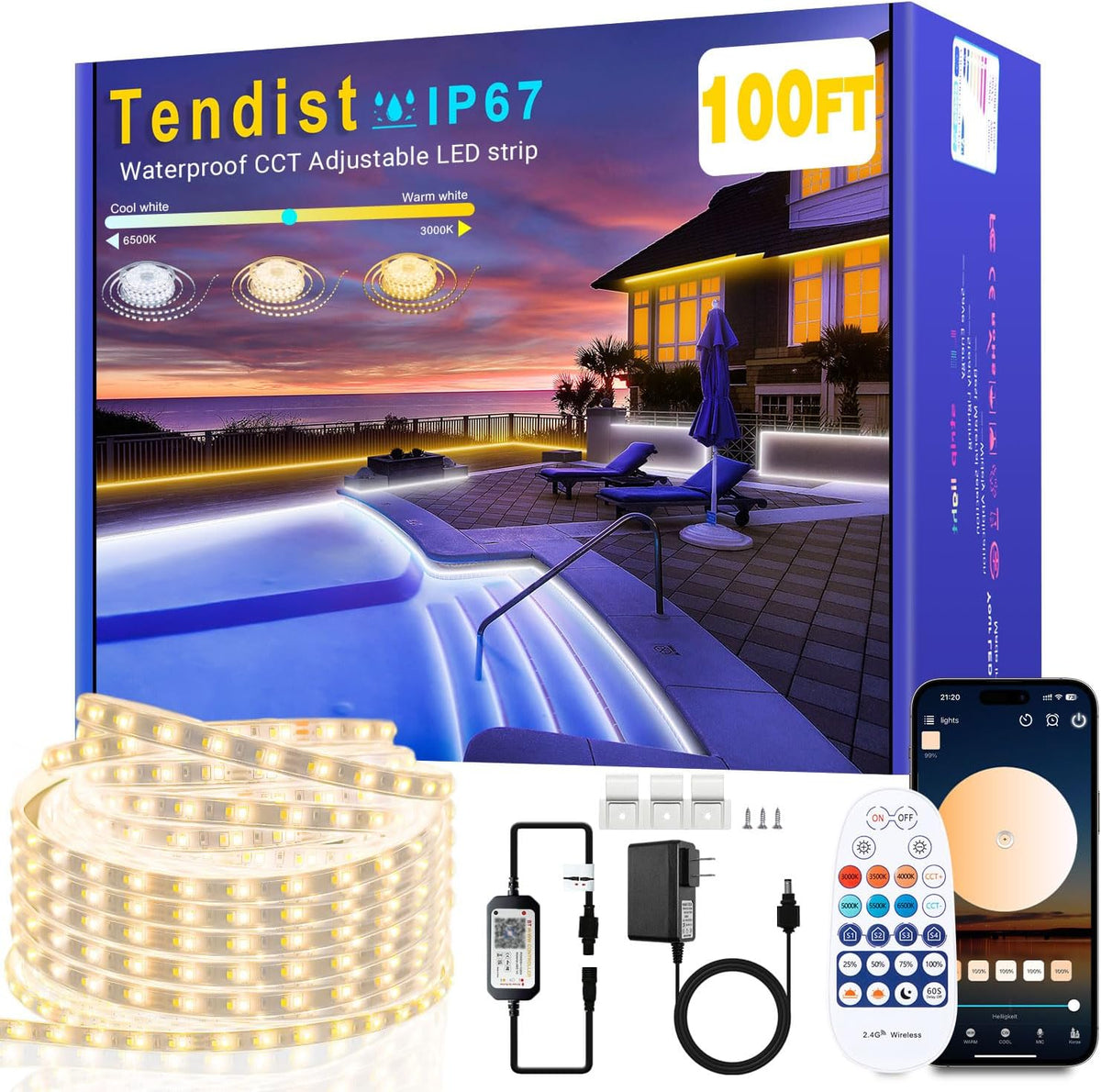 100FT Outdoor LED Strip Lights Waterproof IP67, Dimmable 3000K-6500K Warm White LED Rope Lights Outdoor Waterproof with Remote & APP, 24v Adhesive Exterior Lighting for Patio, Deck, Gazebo