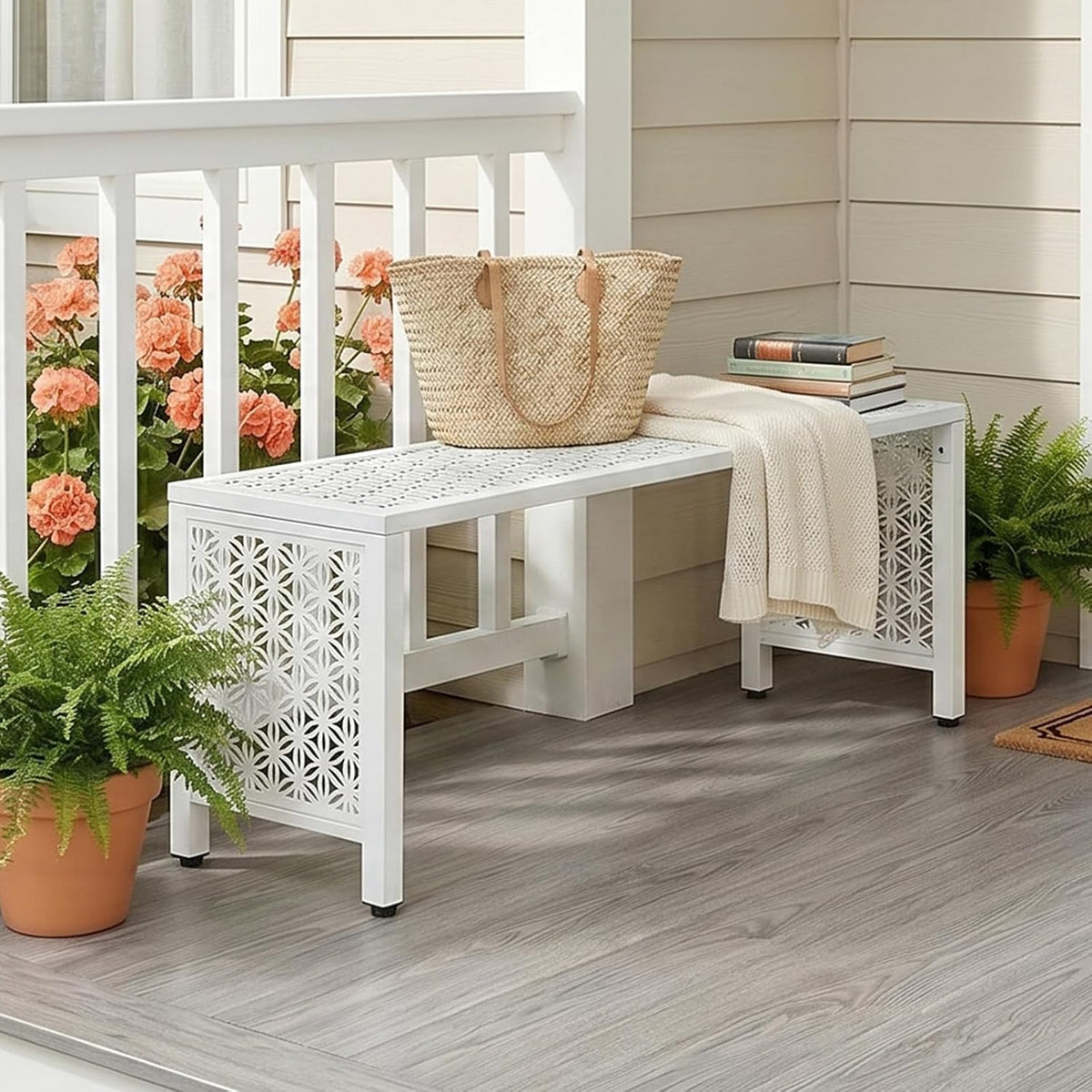 VINGLI 40in Outdoor Metal Bench, All-Weathe Backless Patio Bench with Slatted Seat＆Floral Side Panels, Rust-Resistant Garden Bench, Weatherproof Outdoor Seating for Porch Entryway Backyard (White)