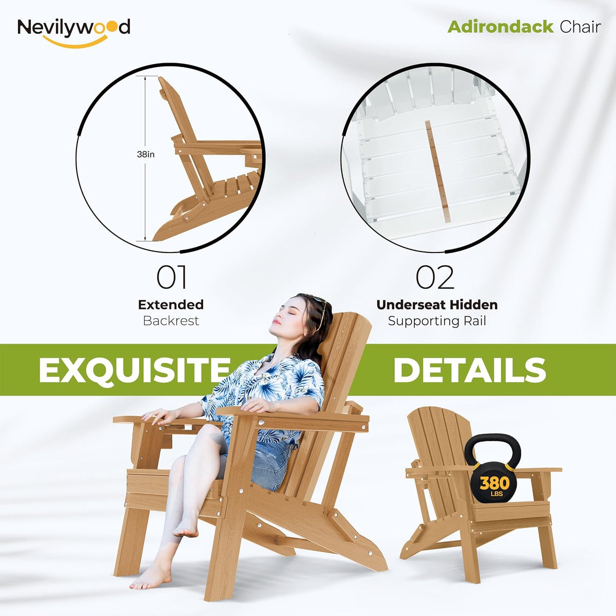 nevilywood Folding Adirondack Chairs Set of 4, HDPE Cup Holders, Teak
