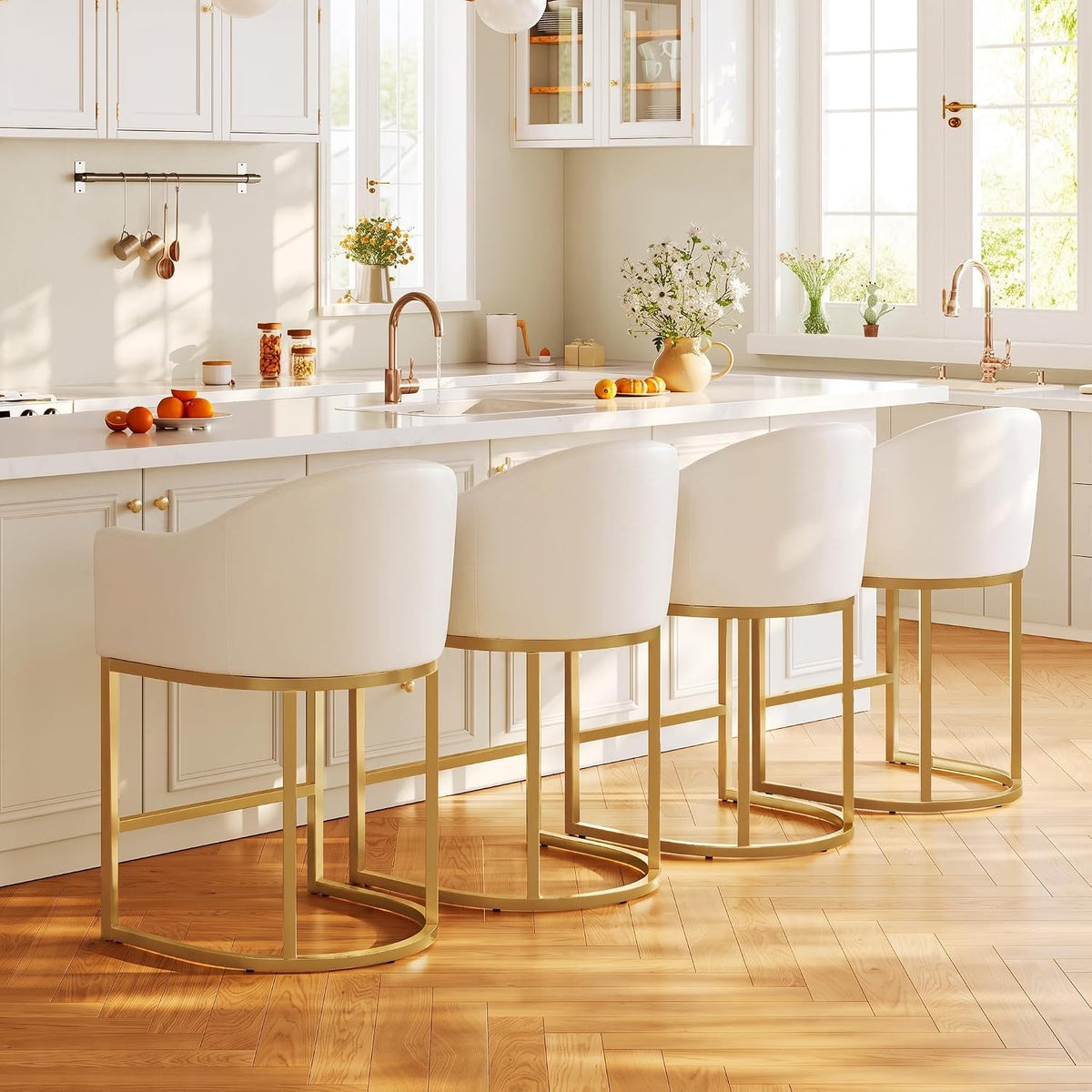 Modern Counter Height Bar Stools Set of 2 with Arms,White Leather
