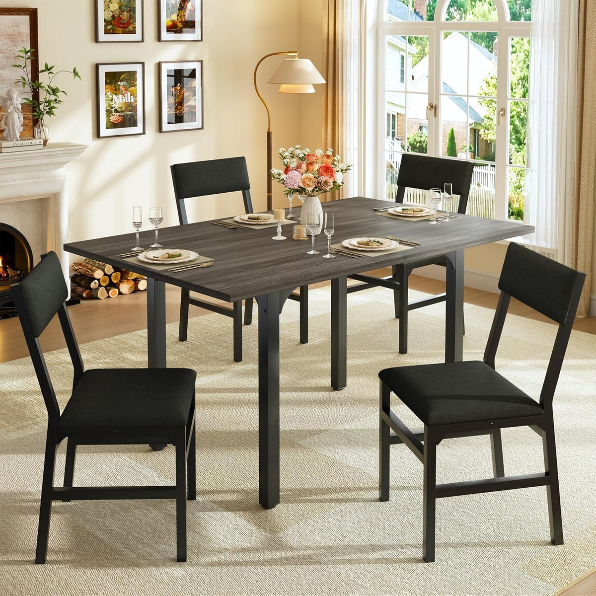 HUAHUU 5-Piece Dining Table Set for 4, Extendable Kitchen Table Set with 4 Upholstered Cushion Chairs, Rectangle Table with Metal Frame & MDF Board, Folding Space-Saving for Small Apartment, Gray