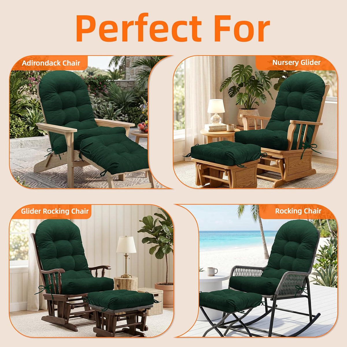 Rocking Chair Cushion Set, Ottoman Cushion Included, Green