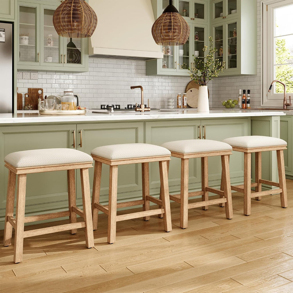 MAISON ARTS White Bar Stools Set of 4, Solid Wood Kitchen Stools