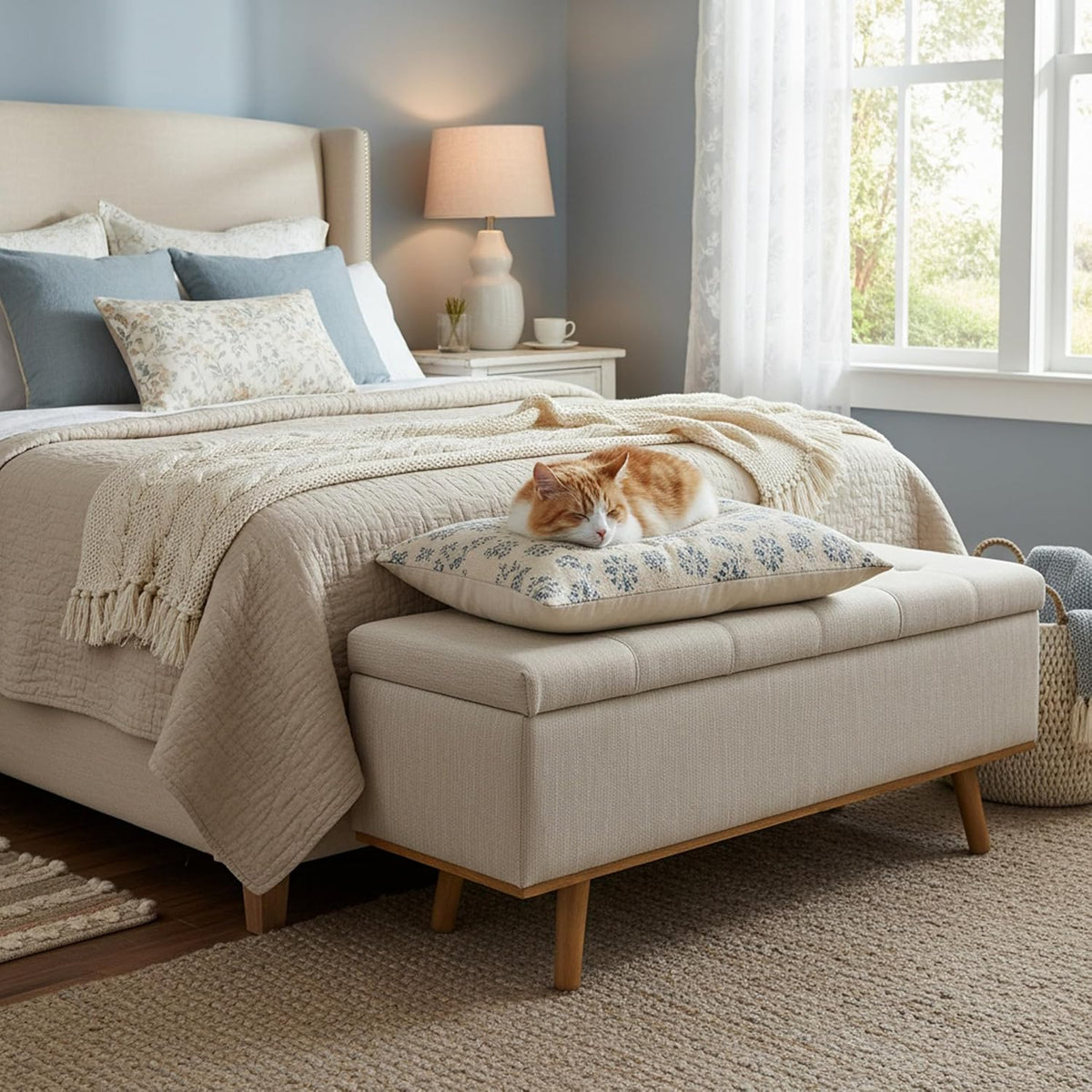 Storage Ottoman Bench, 45" End of Bed Bench, Beige