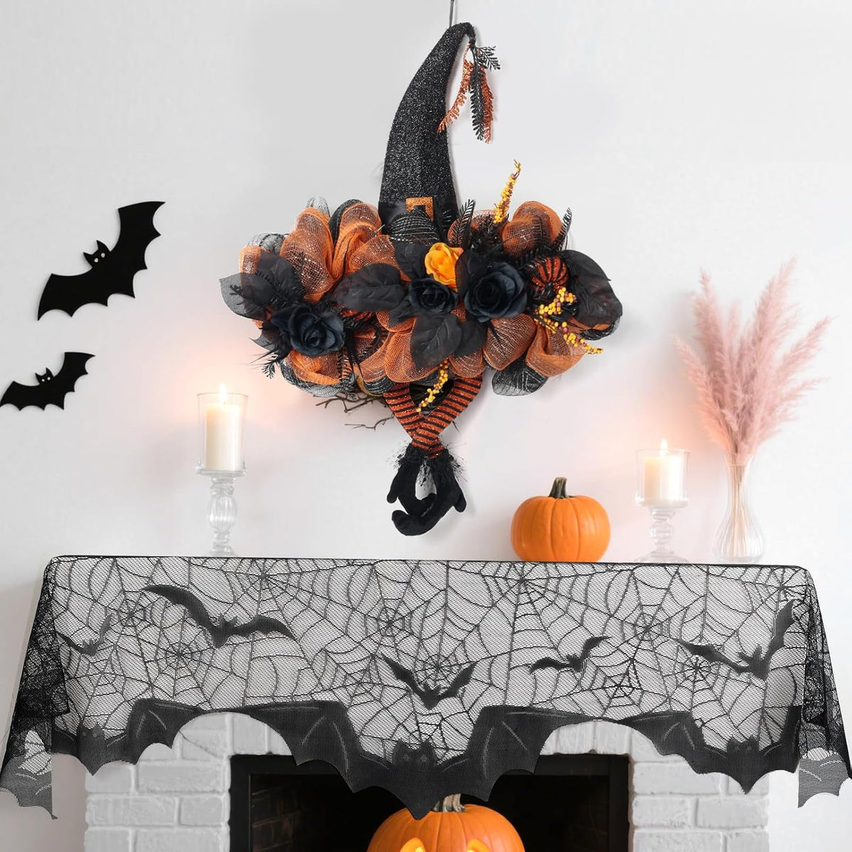 Halloween Wreath for Front Door, Witch Hat & Spiderweb Mantel Scarf Set