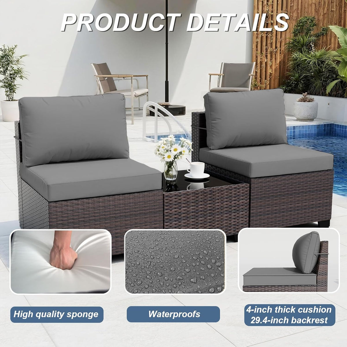 ALAULM Patio Furniture Set with Coffee Table, 9 Pieces Outdoor Sectional with Wide Seat and Thick Cushion, All Weather Wicker Rattan Conversation Set for Backyard, Garden, Deck, Grey