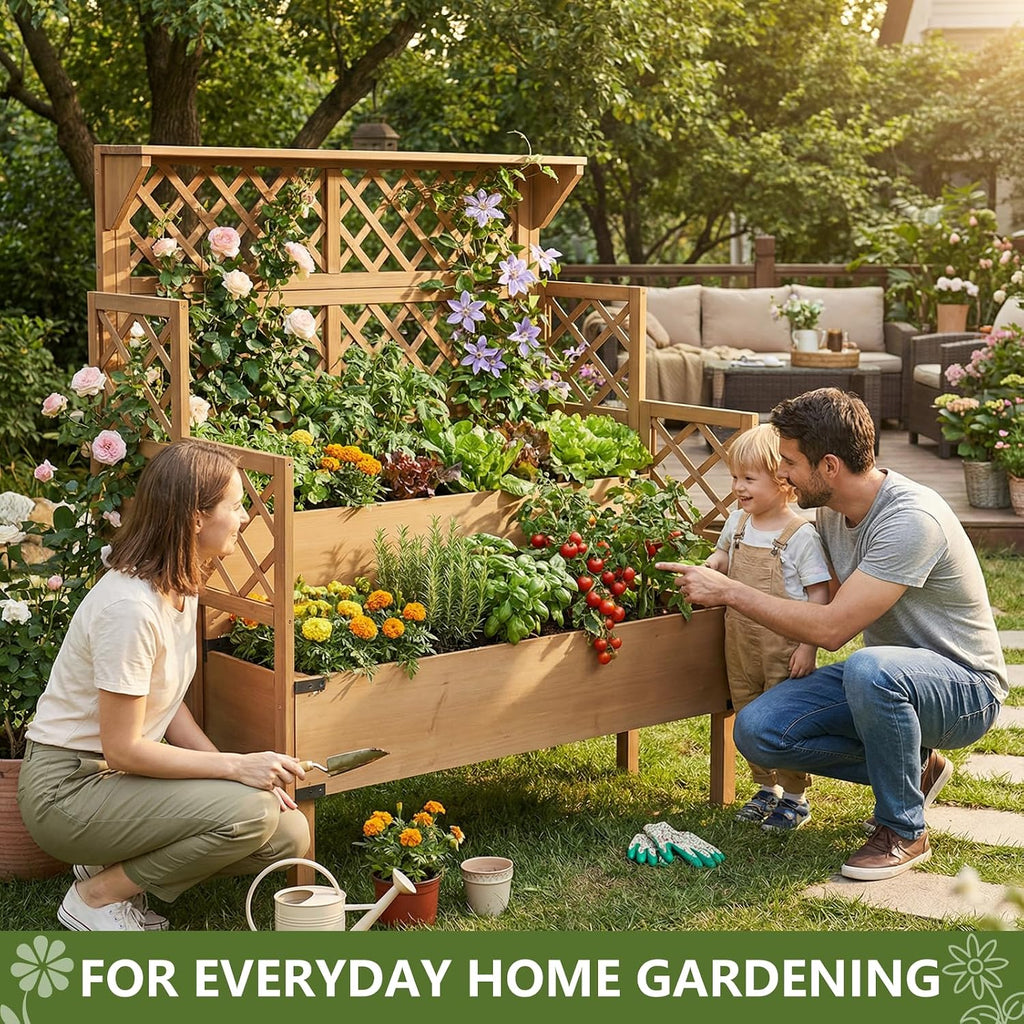 Raised Garden Bed with Trellis, 2-Tier Elevated Planter Box, Wooden Outdoor Planter for Vegetables Herbs Flowers, Lattice Back for Climbing Plants, Modern Minimal Design for Patio Balcony Backyard