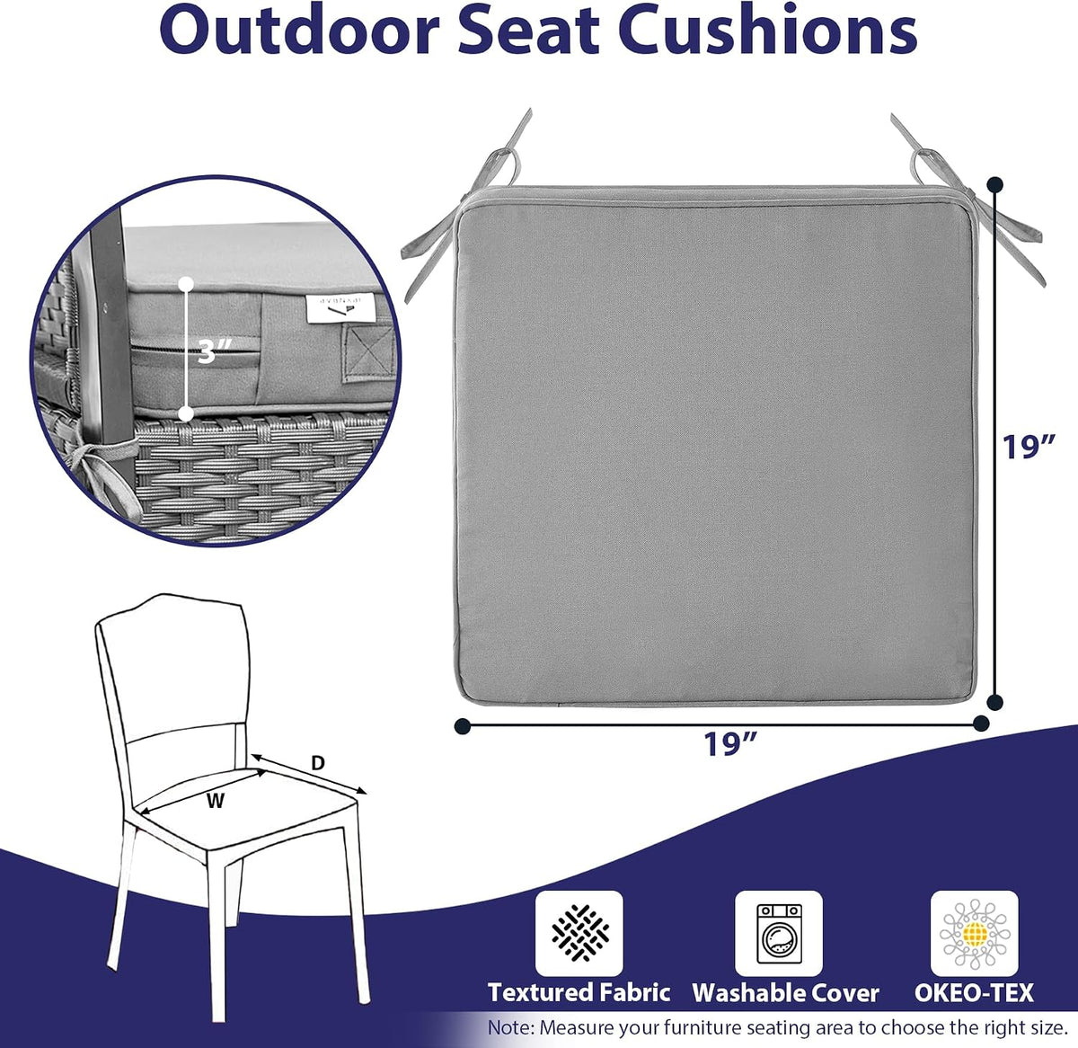 IPYNBAP Outdoor Chair Cushions Set of 4 -Waterproof Outdoor Seat Cushions for Patio Furniture, Patio Chair Cushion with Handle and Ties, Out Door Chair Pads,19x19x3-Square, Grey