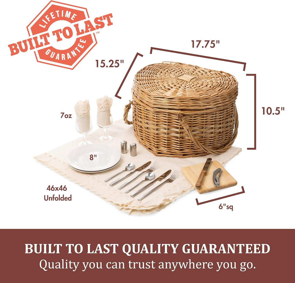 PICNIC TIME Heart Picnic Basket for 2, Wicker Basket with Handle, Complete Deluxe Service for Two, Handwoven and Sturdy Willow Constructed with Fully-lined interior and Accessories, (Antique White)