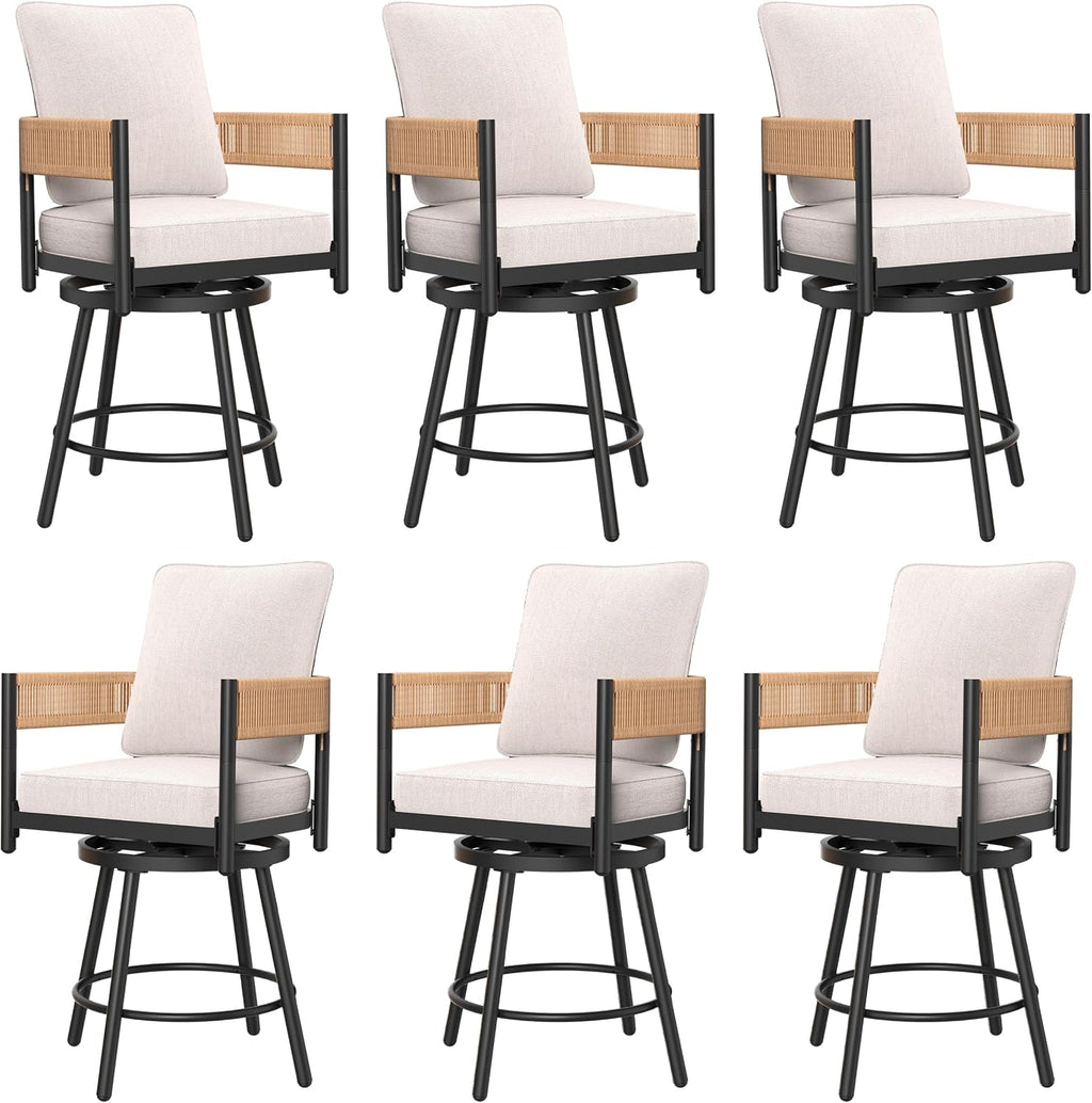 Grand patio Outdoor Swivel Bar Stools Set of 6, 26" Counter Height Swivel Chairs with Metal Frame, Curved Woven Wicker Backrest, Thickened Cushions for Patio, Deck, Balcony (Natural)