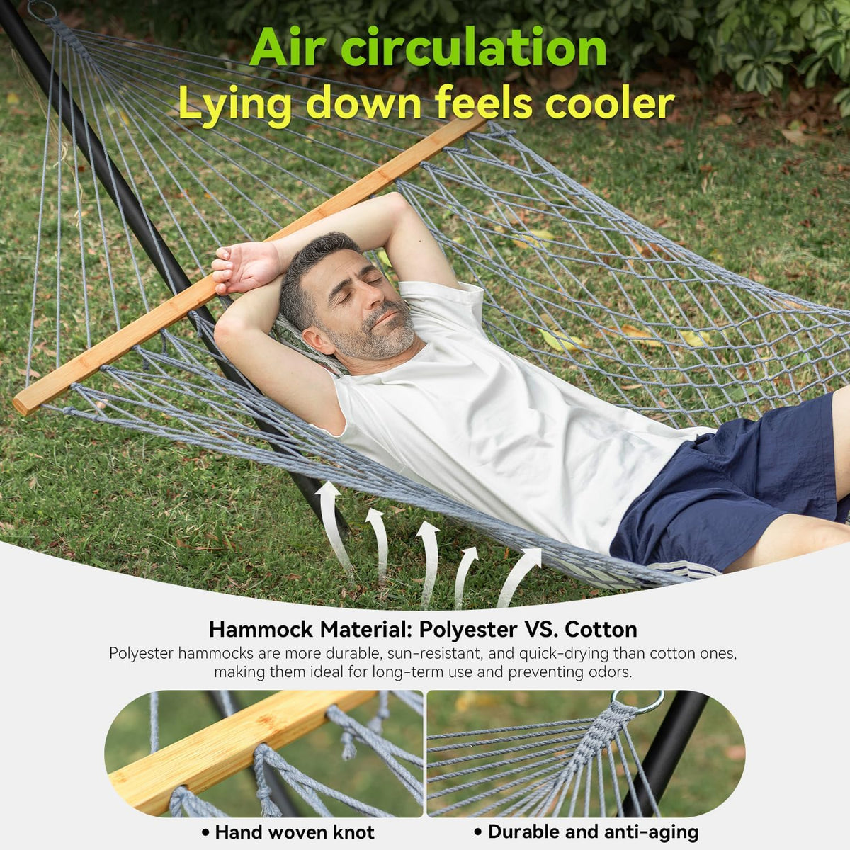 ANAGOO Double Hammock for 2 Person, Handwoven Rope Hammock with Spreader Bar Without Stand - Indoor & Outdoor Use for Patio, Poolside, Backyard (Grey)