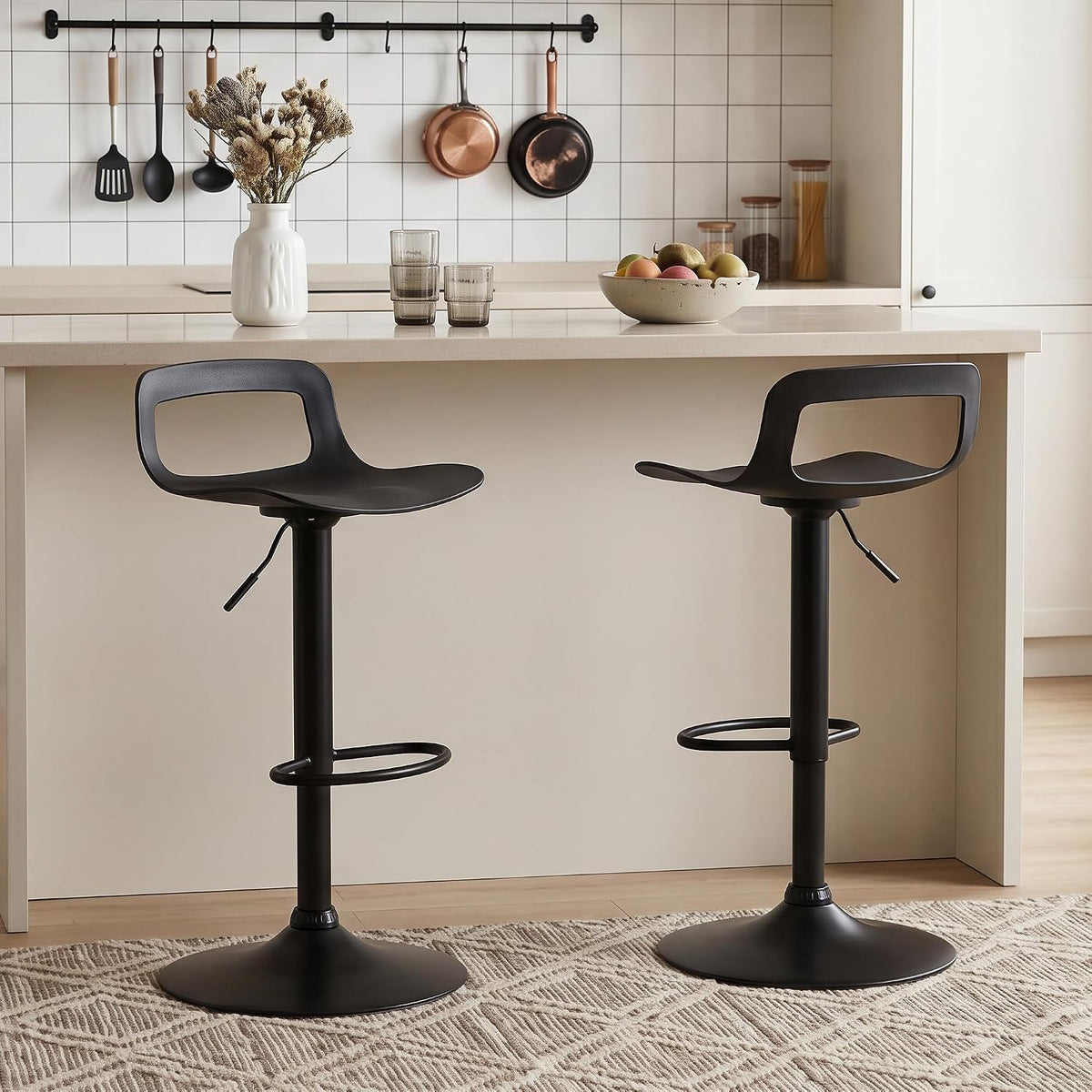 GOTMINSI Modern Adjustable Bar Stool - 300 lbs Capacity, Waterproof PP Seat, Chrome Metal Base, Swivel Counter Stool for Kitchen Island & Pub (4PCS,Black)