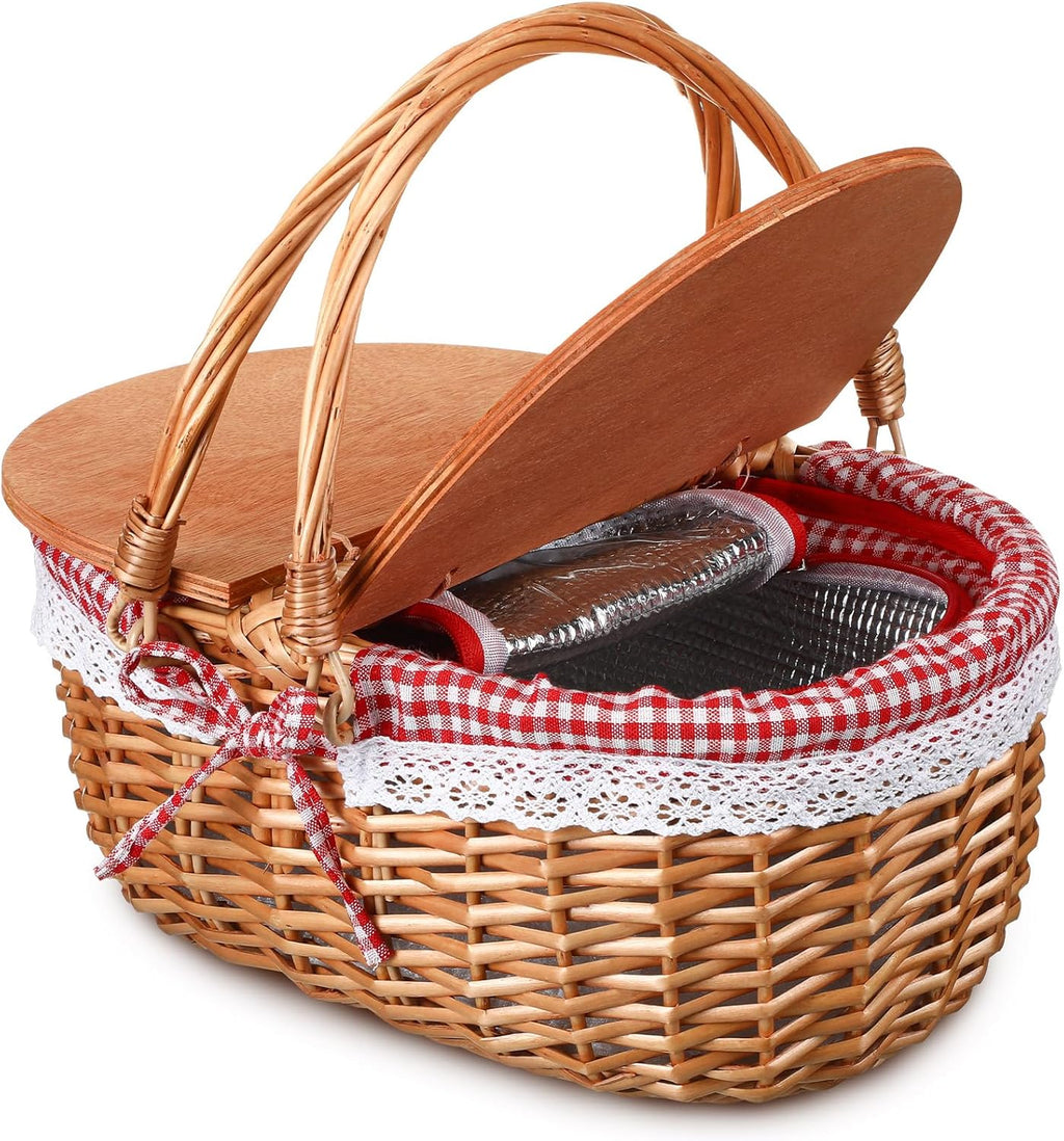 DoubleFill Wicker Insulated Picnic Basket with Lid, Cooler Bag,Red Plaid