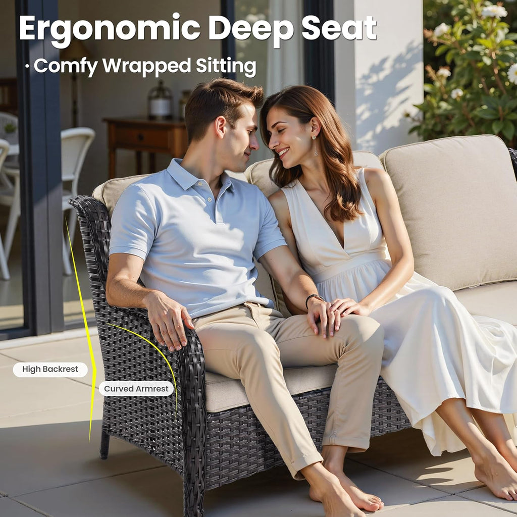 ovios 5-Pieces Patio Furniture Set, Outdoor Wicker Sofa Couch with Chairs Ottomans Comfy Cushions, High Back Modern All Weather Conversation Set, Brown Rattan, Beige