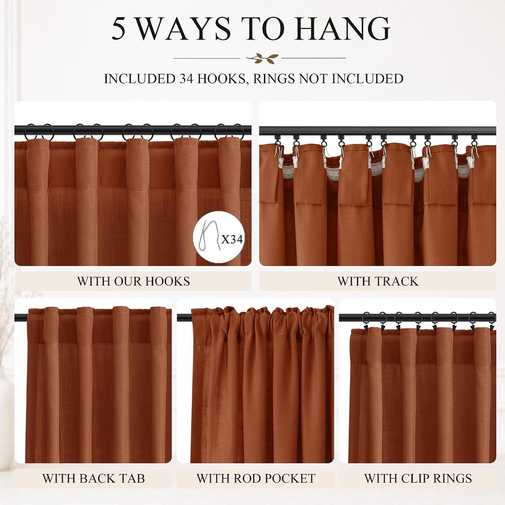 Jowels Terracotta Linen Curtains 102 Inches Long 2 Panels for Living Room