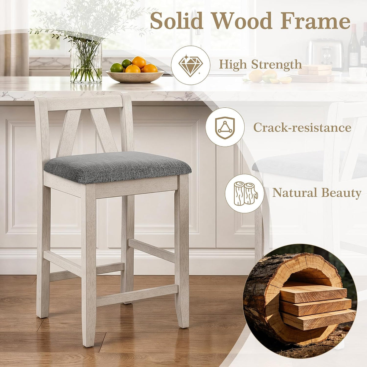 VECELO Counter Height Bar Stools Set of 2, 25" Solid Wood Barstools with Upholstered Cushioned Seat, Farmhouse High Top Chairs for Kitchen Island, Grey
