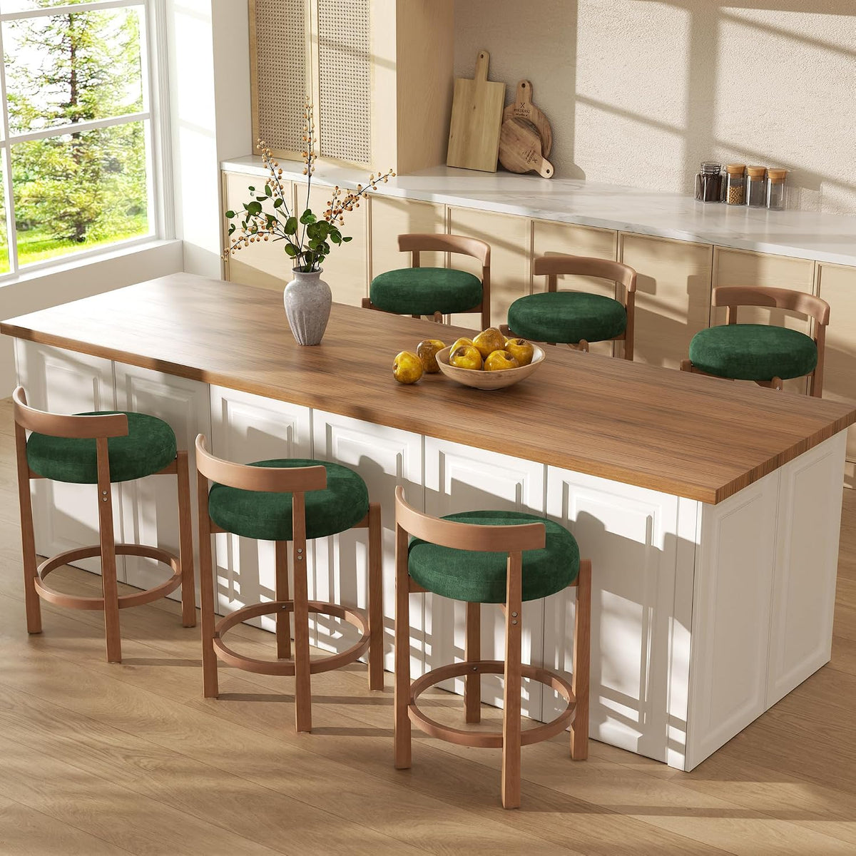 Bar Stools Set of 4, 26" Upholstered Counter Height Bar Chairs, Mid Century Modern Barstools Low Back Round Counter Stools with Wood Legs for Kitchen Island, Green