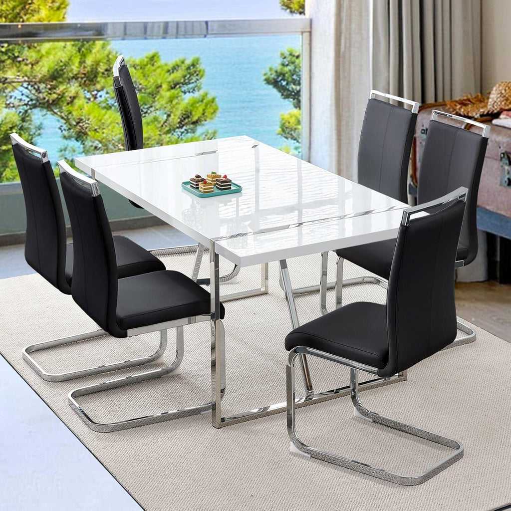Ebullient Dining Table Set for 6，White Rectangular MDF Kitchen Table and Leather Dining Chairs Set of 6, 7 Piece Dining Table Set，Modern Dining Room Table Set 6 with Metal Frame for Kitchen