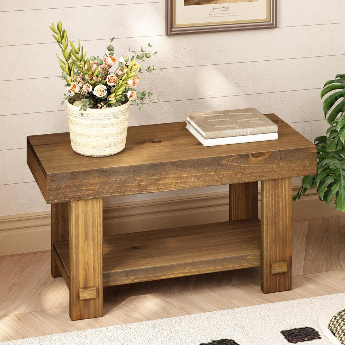 HOKYHOKY Solid Wood Entryway Bench - 31.5" Farmhouse Small Narrow Benches