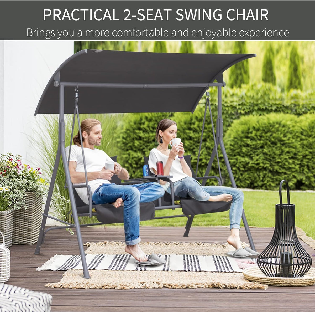 Outsunny 2 Person Porch Swing with Stand Canopy Outdoor Swing Gray