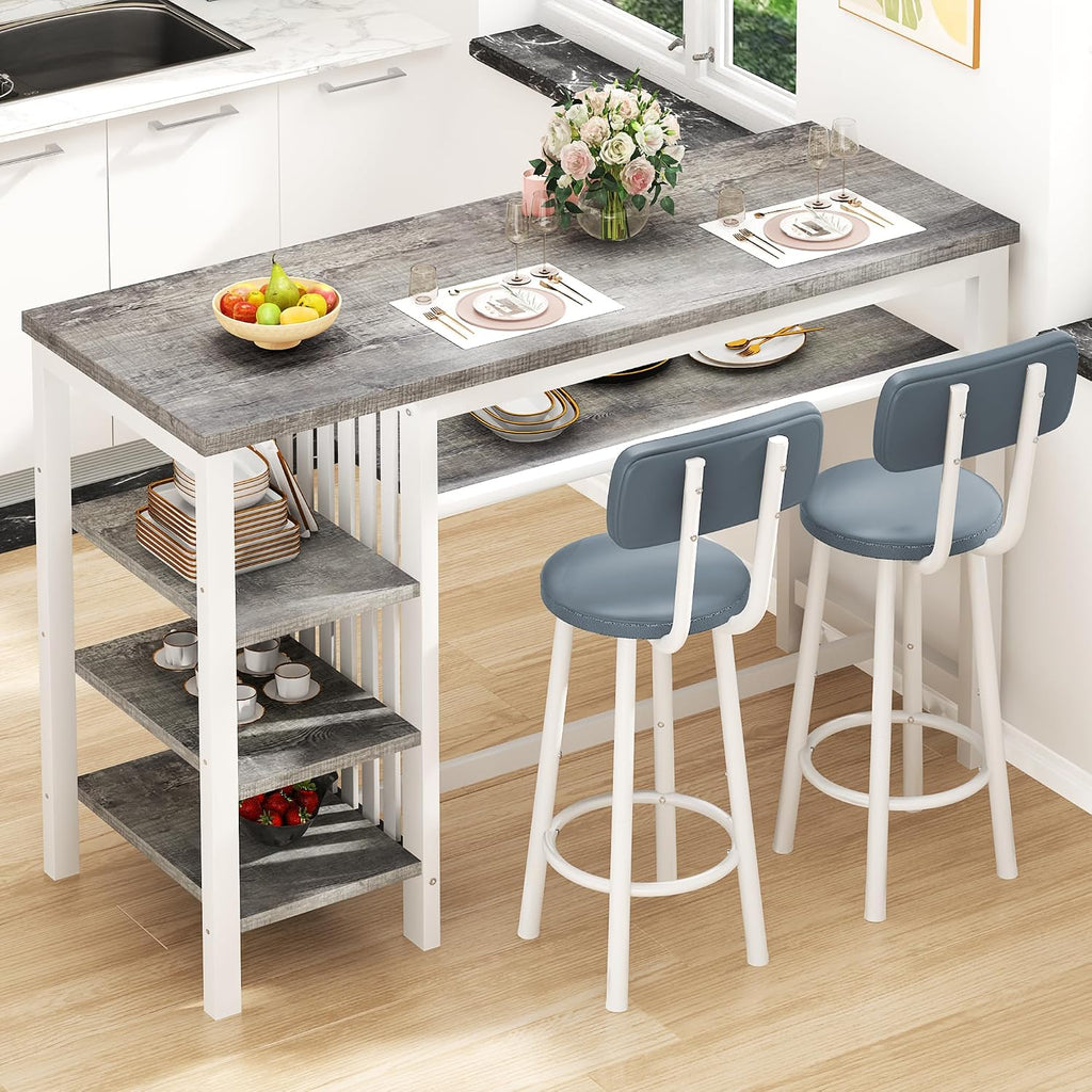 DKLGG 3-Piece Bar Table and Chairs Set, Counter Height Dining Table Set with Storage & 2 Upholstered Stools, Hightop Kitchen Bar Table for Small Space, Pub & Bistro