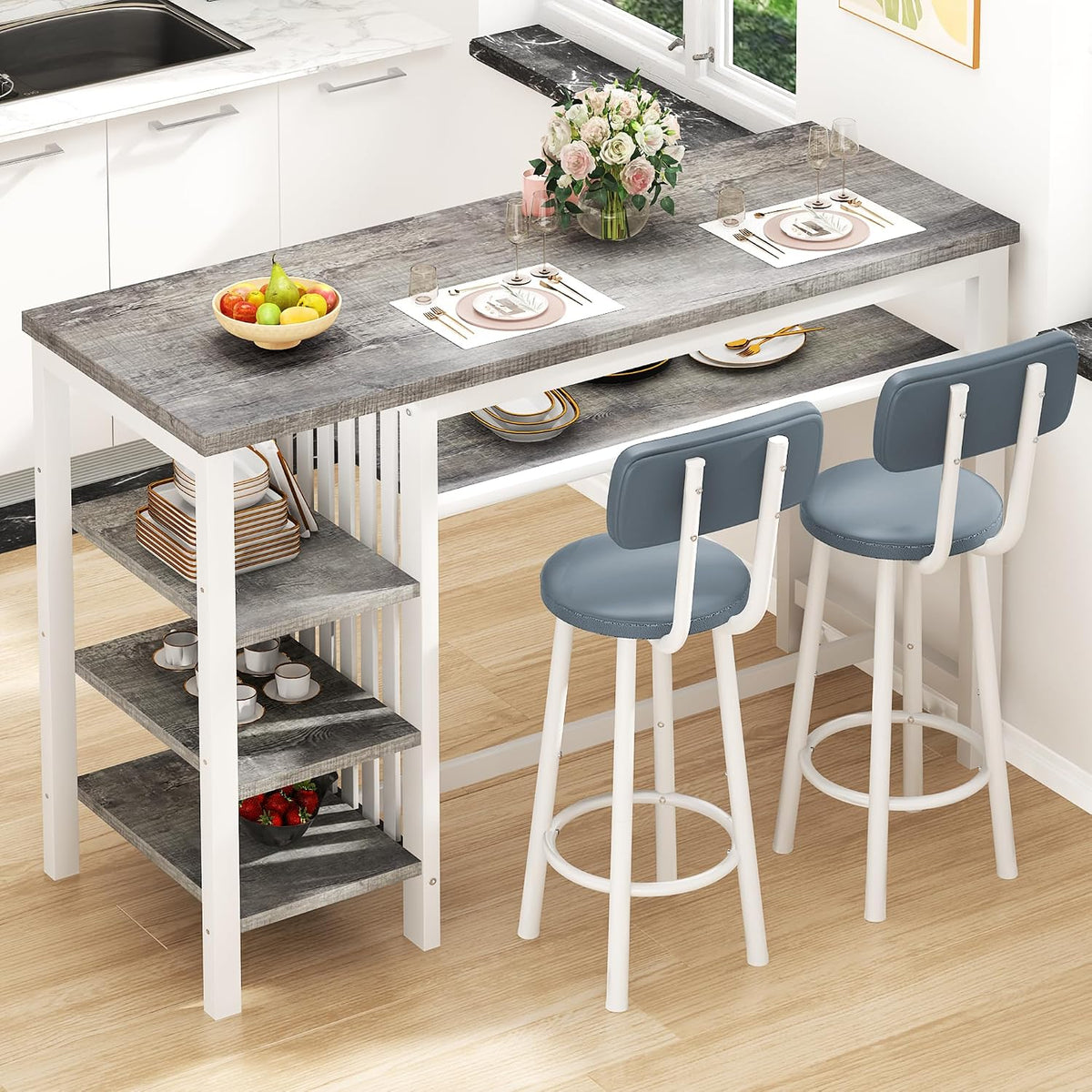 DKLGG 3-Piece Bar Table and Chairs Set, Counter Height Dining Table Set with Storage & 2 Upholstered Stools, Hightop Kitchen Bar Table for Small Space, Pub & Bistro