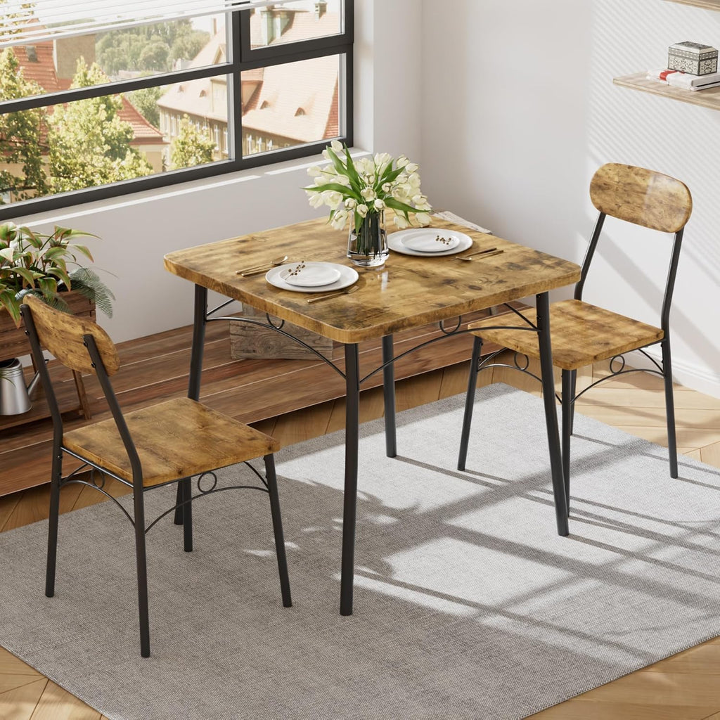 VECELO 3 Piece Small Dining Table Set for 2, Metal and Wood Square Kitchen Dinette for Breakfast Nook, Dining Room, Apartment, Saving Space, Rustic Brown