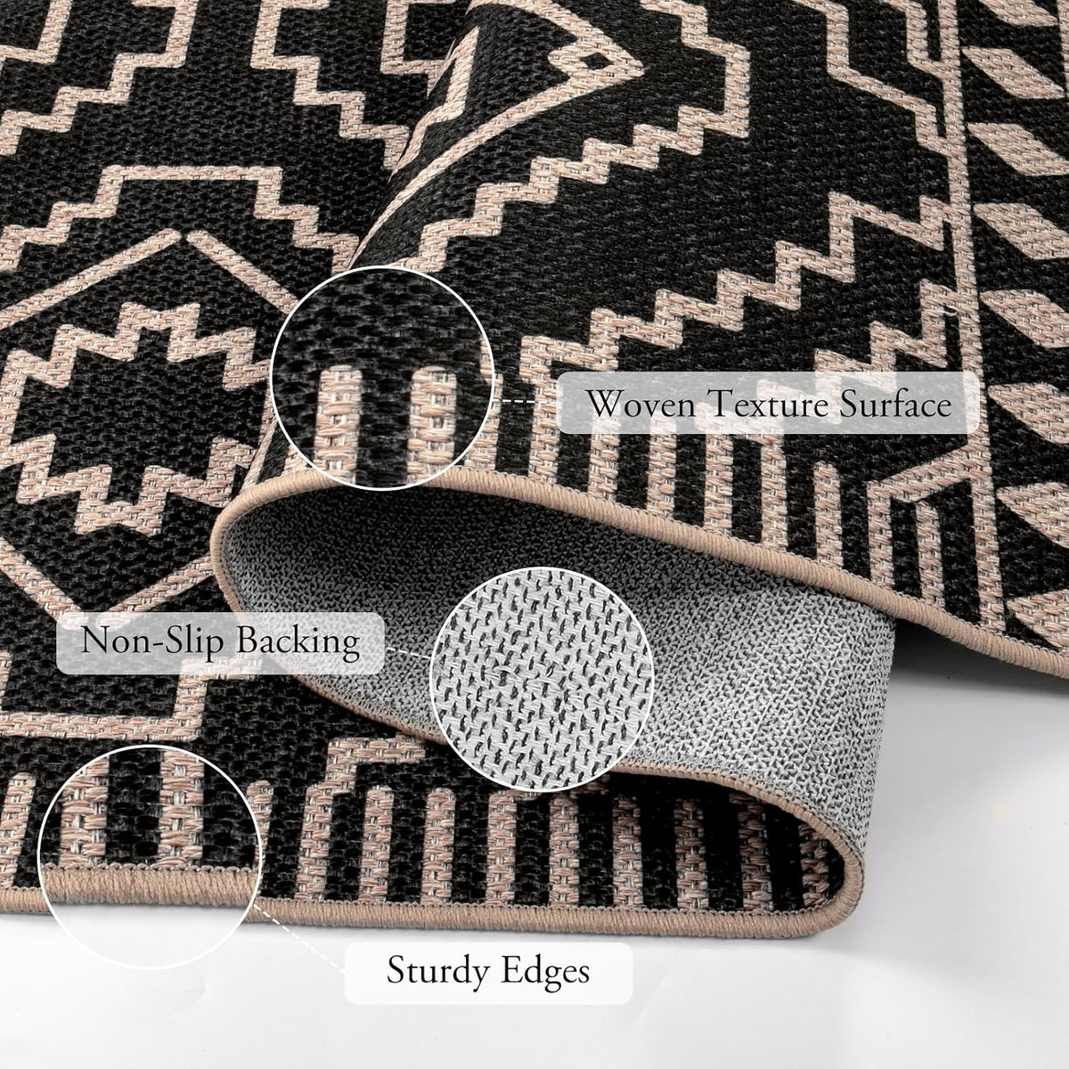 Lahome Moroccan Black Outdoor Rug, 3x5 Easy Jute Washable Entryway Rug