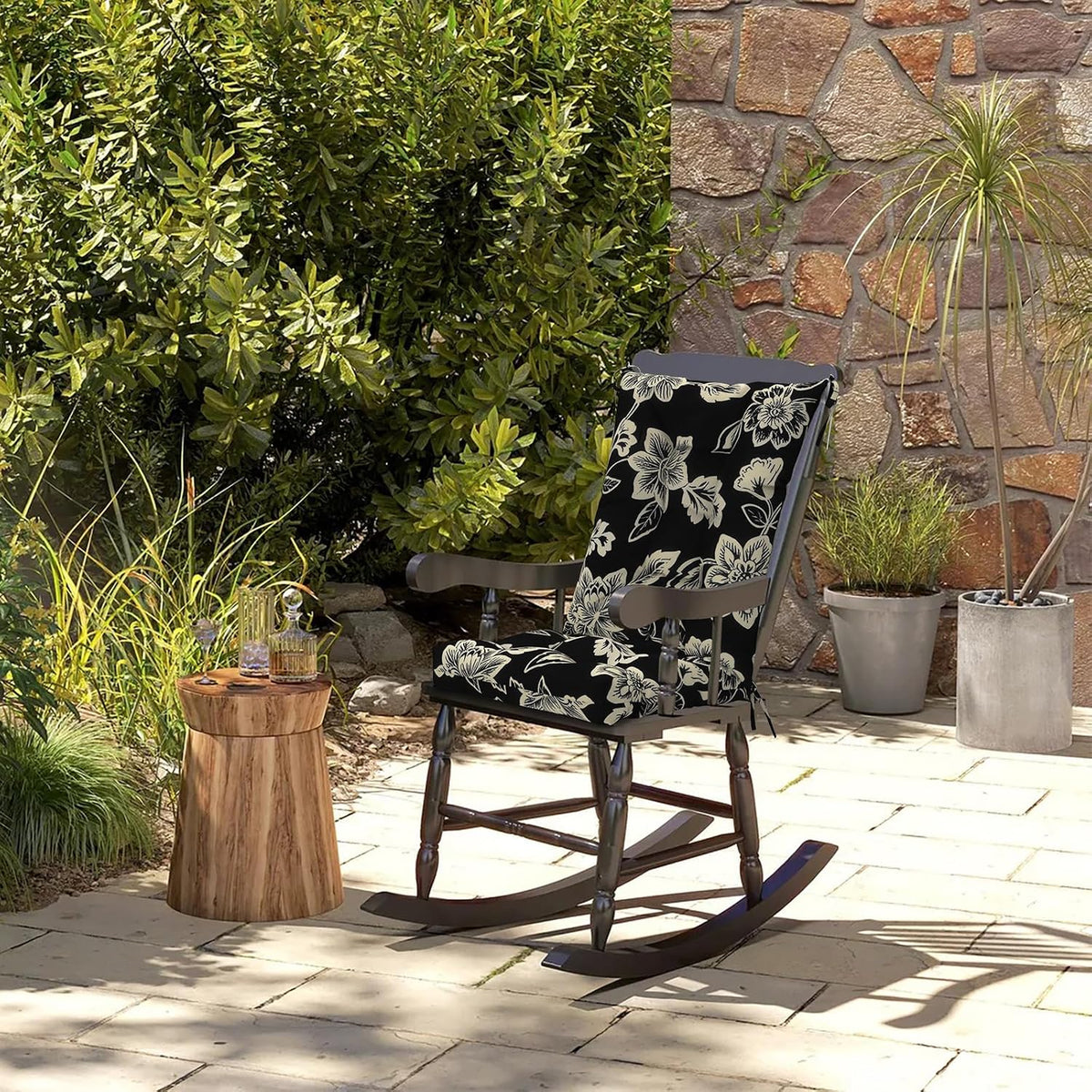 DYTXIII Set of 2 Rocking Chair Cushions for Outdoor/Indoor Use,Water Resistant Tufted High Back Chair Pads for Patio,Porch,Balcony Rocker and Adirondack Furniture - Vines Black