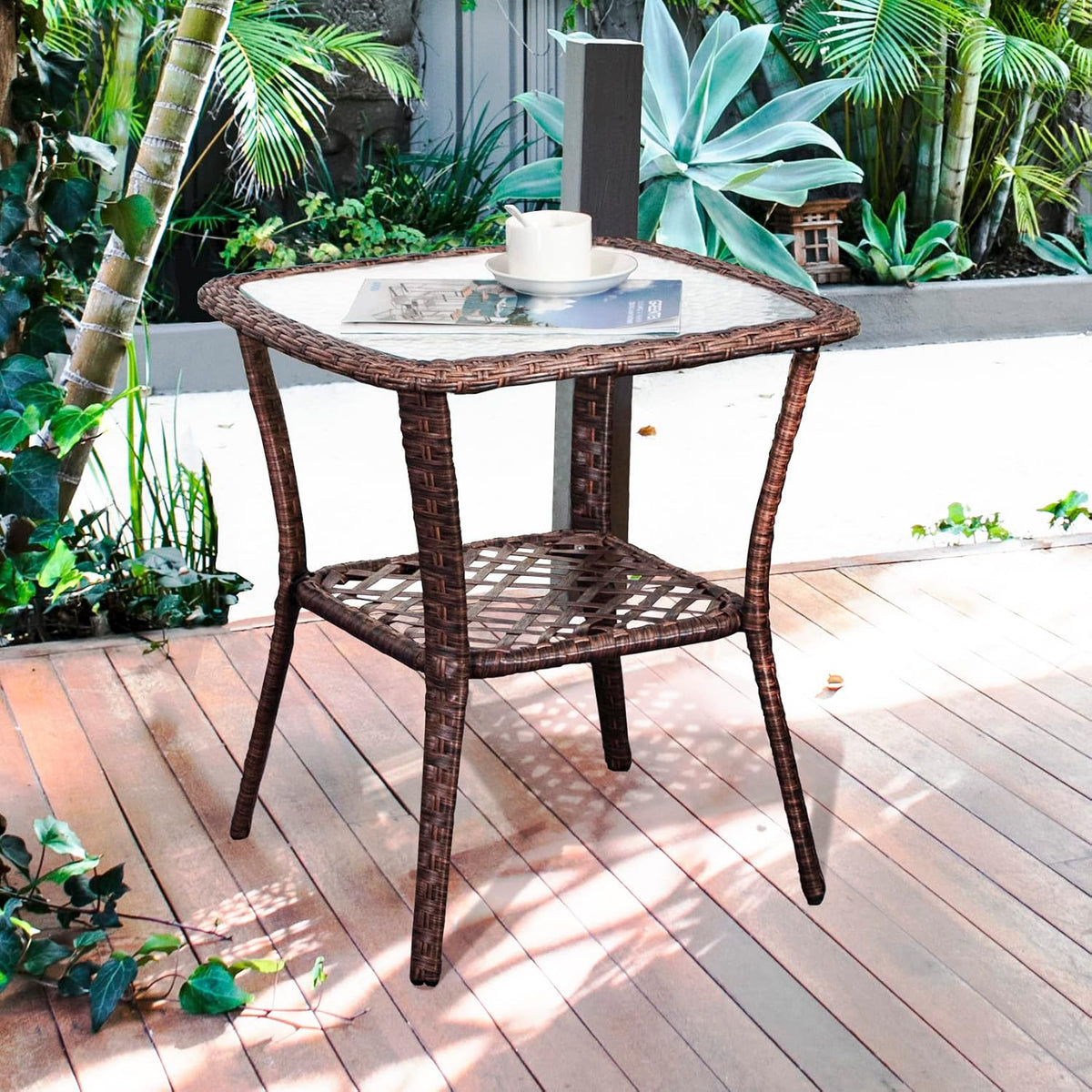 DIMAR GARDEN Outdoor Side Table Wicker Patio Coffee Table with Glass Top and Storage Shelf, Mixed Brown