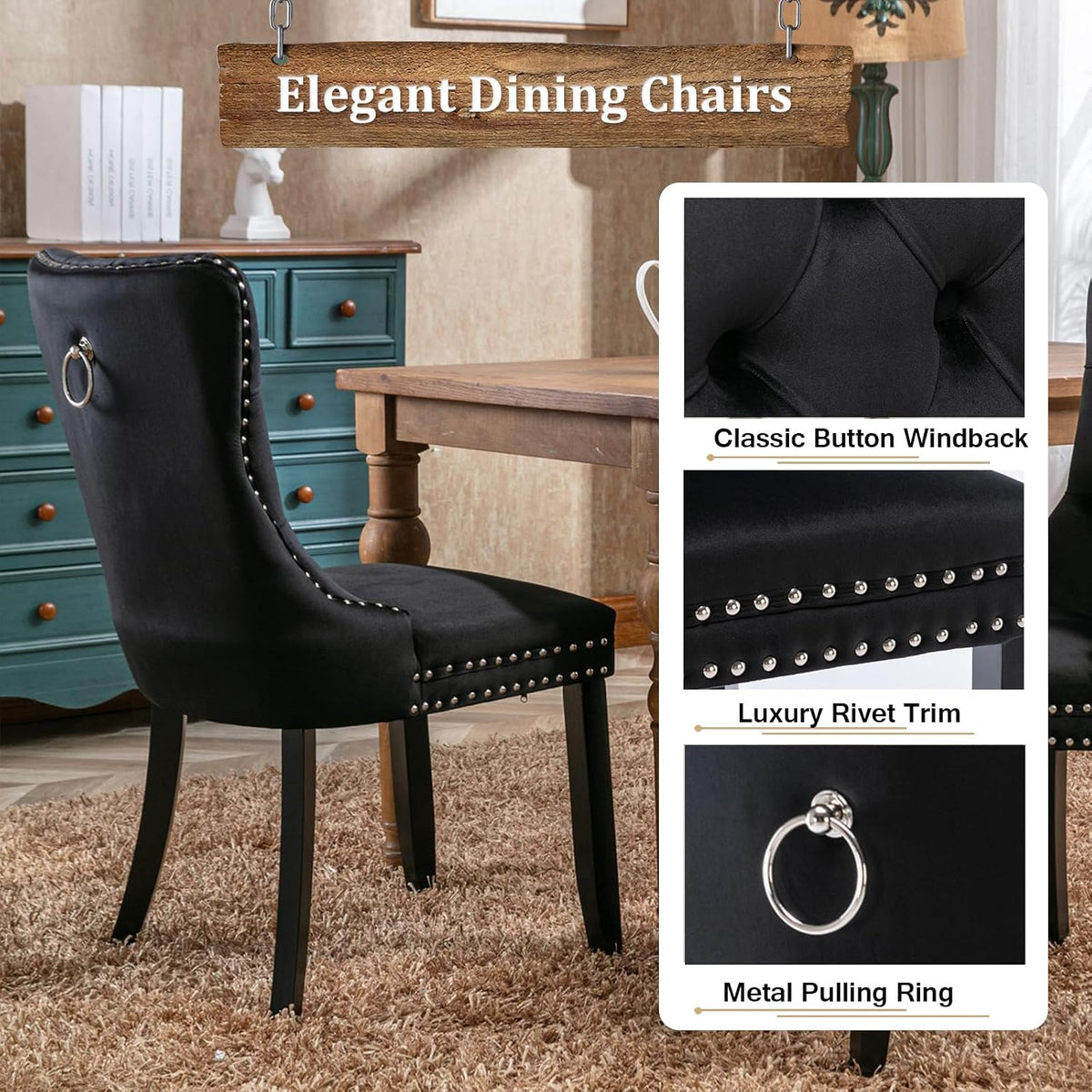 5 Piece Round Extendable Dining Table Set for 4, 43"-59" Black Wood Oval Expanding Kitchen Table with 4 Velvet Tufted Chairs, Space Saving Extendable Dining Room Tables with Storage Shelf