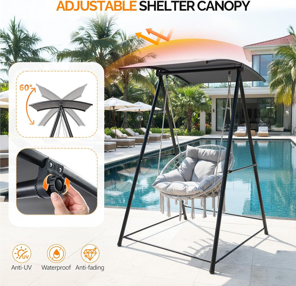 OnCloud Outdoor Hammock Chair Stand with Canopy, Heavy Duty Hammock Stand Only, Swing Stand with 3 Hooks, Max Load 660lbs, Fits Most Hanging Chairs Frame, Black