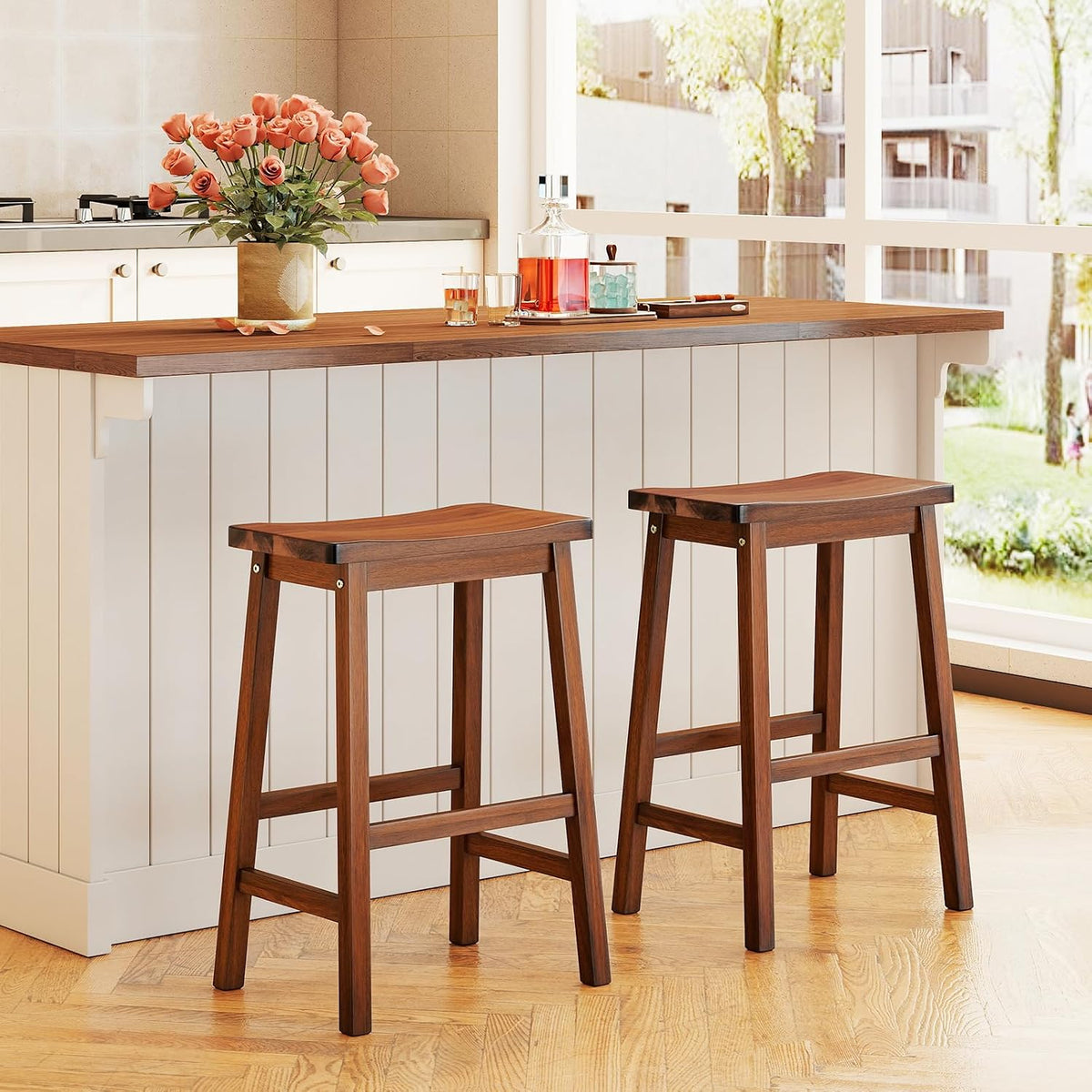 COSTWAY 24-inch Solid Wood Saddle Stools Set of 4 with Footrests, Walnut