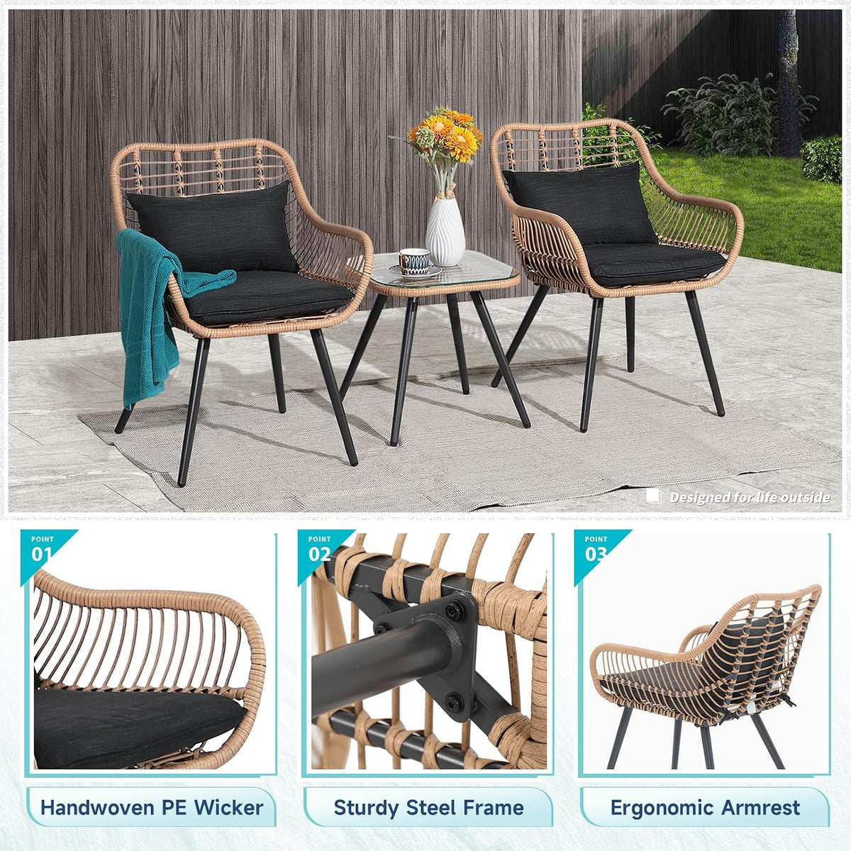 Verano Garden 3 Pieces Patio Bistro Set, Wicker Conversation Chair Sets