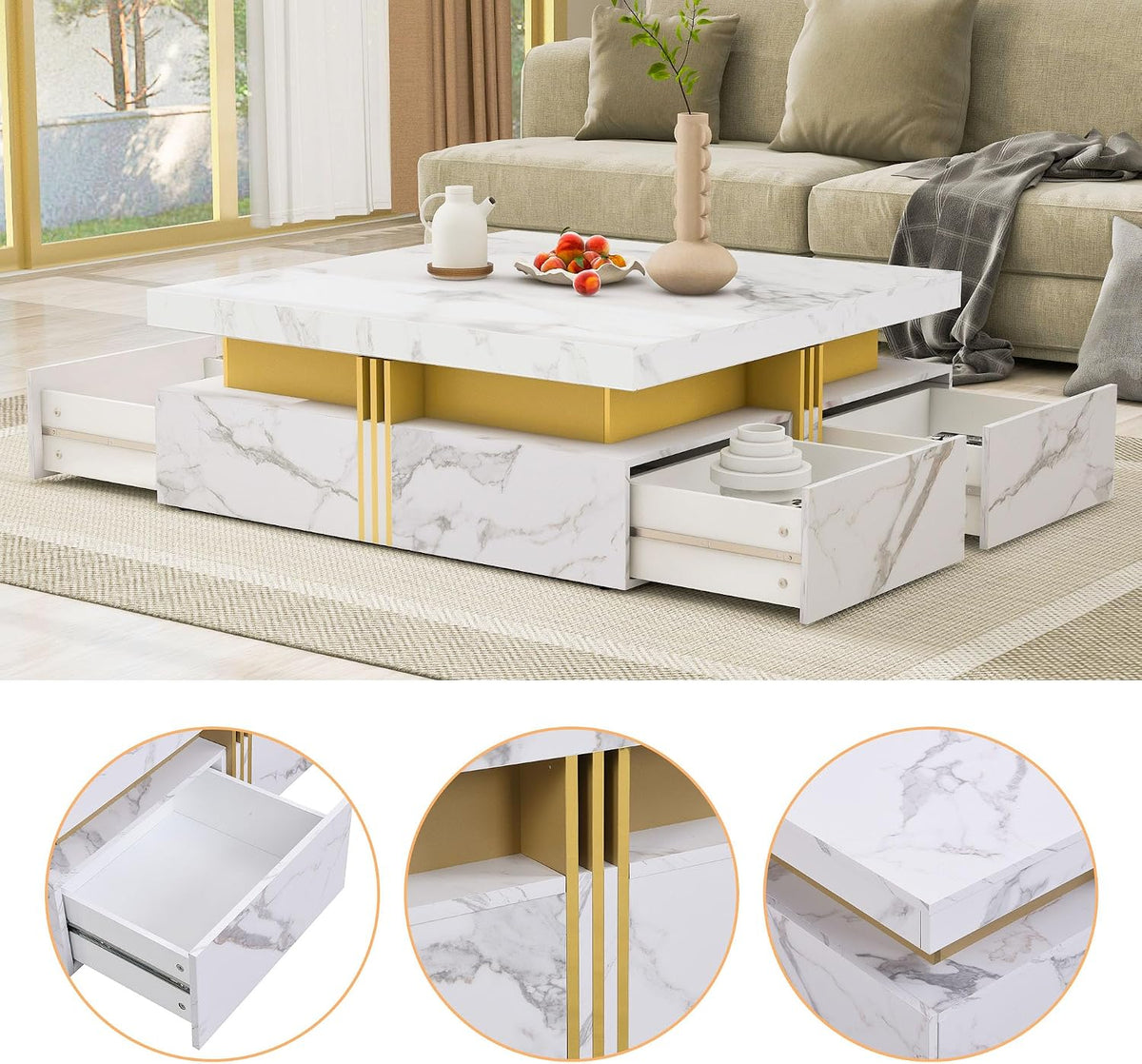 Merax Coffee Table, Modern Square Coffee Table with 4 Drawers, Contemporary Luxury Center Table Cocktail Table with Gold Accents for Living Room, 43.3" Lx 43.3" W (White)