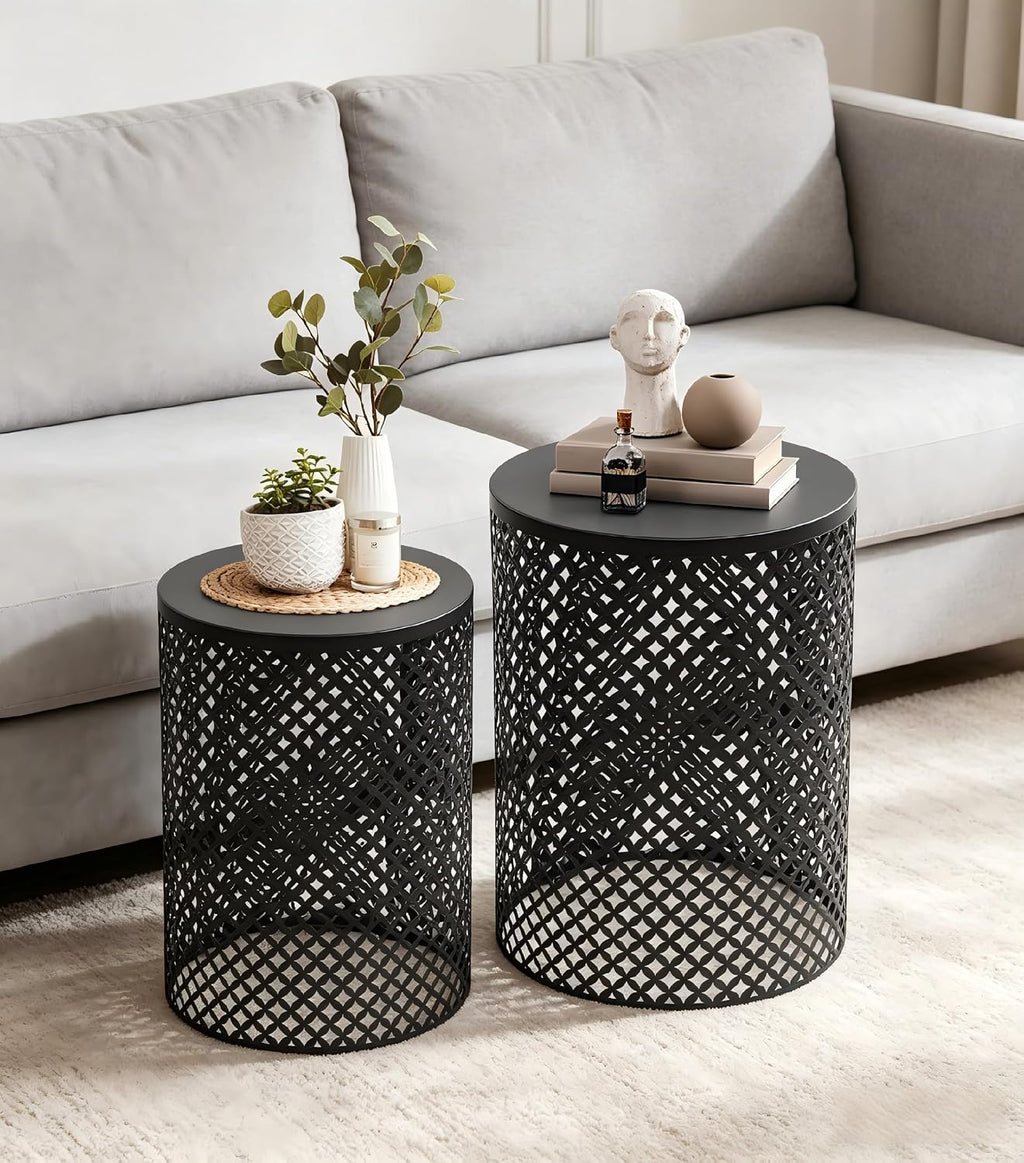 Set of 2 Outdoor Side Table, Garden Stool for Patio, Metal Accent Table Modern End Table, Patio Side Table for Garden, Balcony, Bedroom Indoor Outdoor Decorative, Jet Black