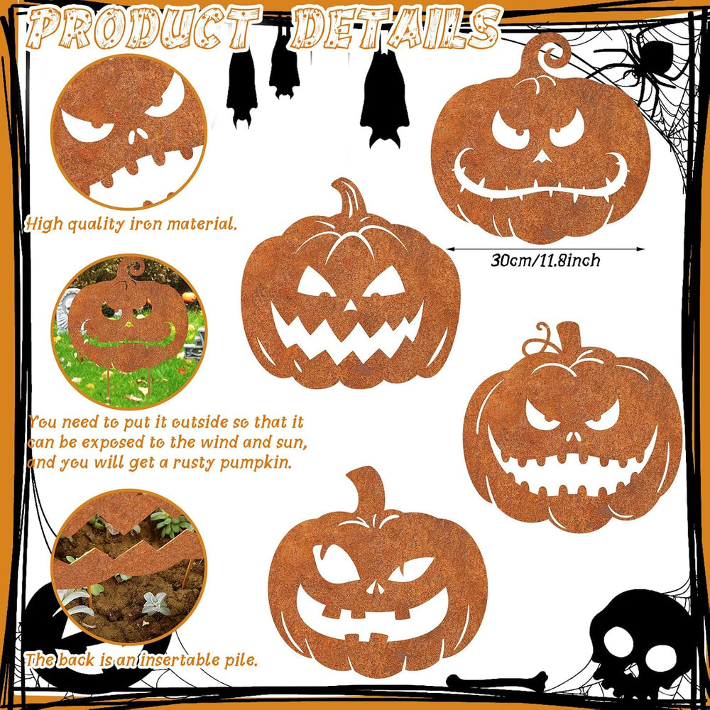 MorningRo 4 Pcs Halloween Outdoor Decoration Rusty Pumpkin Metal Yard Signs
