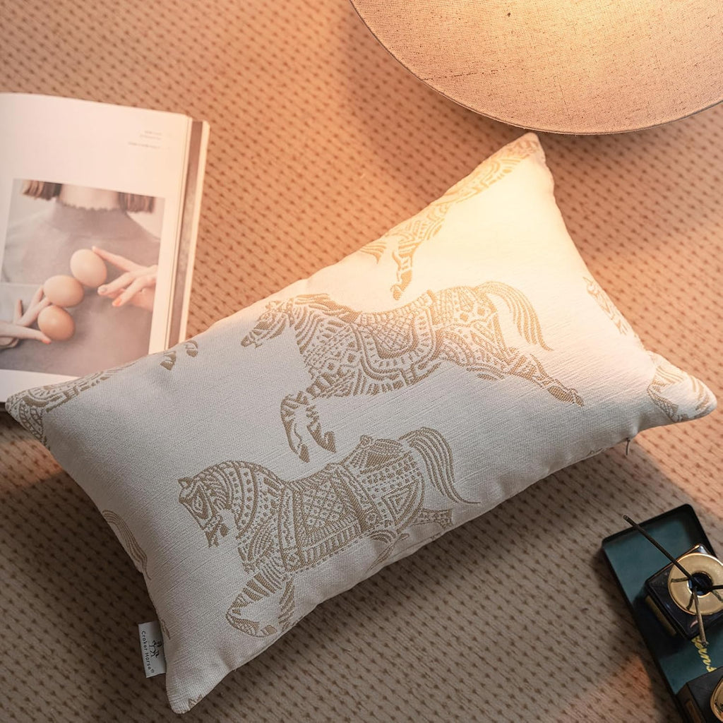 Croker Horse 12x20 inches Throw Pillow Cushion Cover - White Horse Chenille Jacquard Embroidery Couch Sofa Pillow Covers for Living Room Bedroom