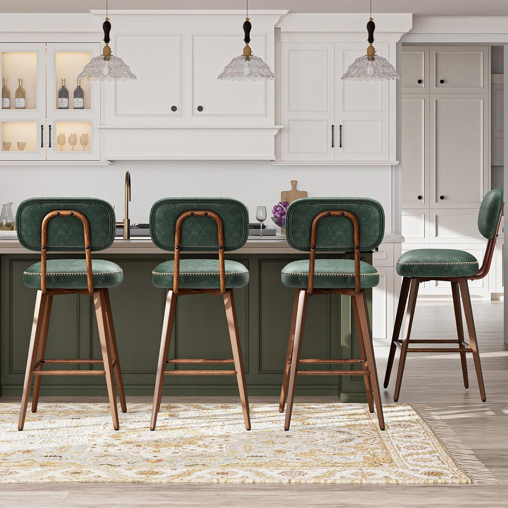 MALOL 26“ PU Leather Swivel Bar Stools Set of 4, Mid Century Counter Height Bar Chairs with Low Back and Metal Legs, Modern Bar Stool Chair for Kitchen Island, Green