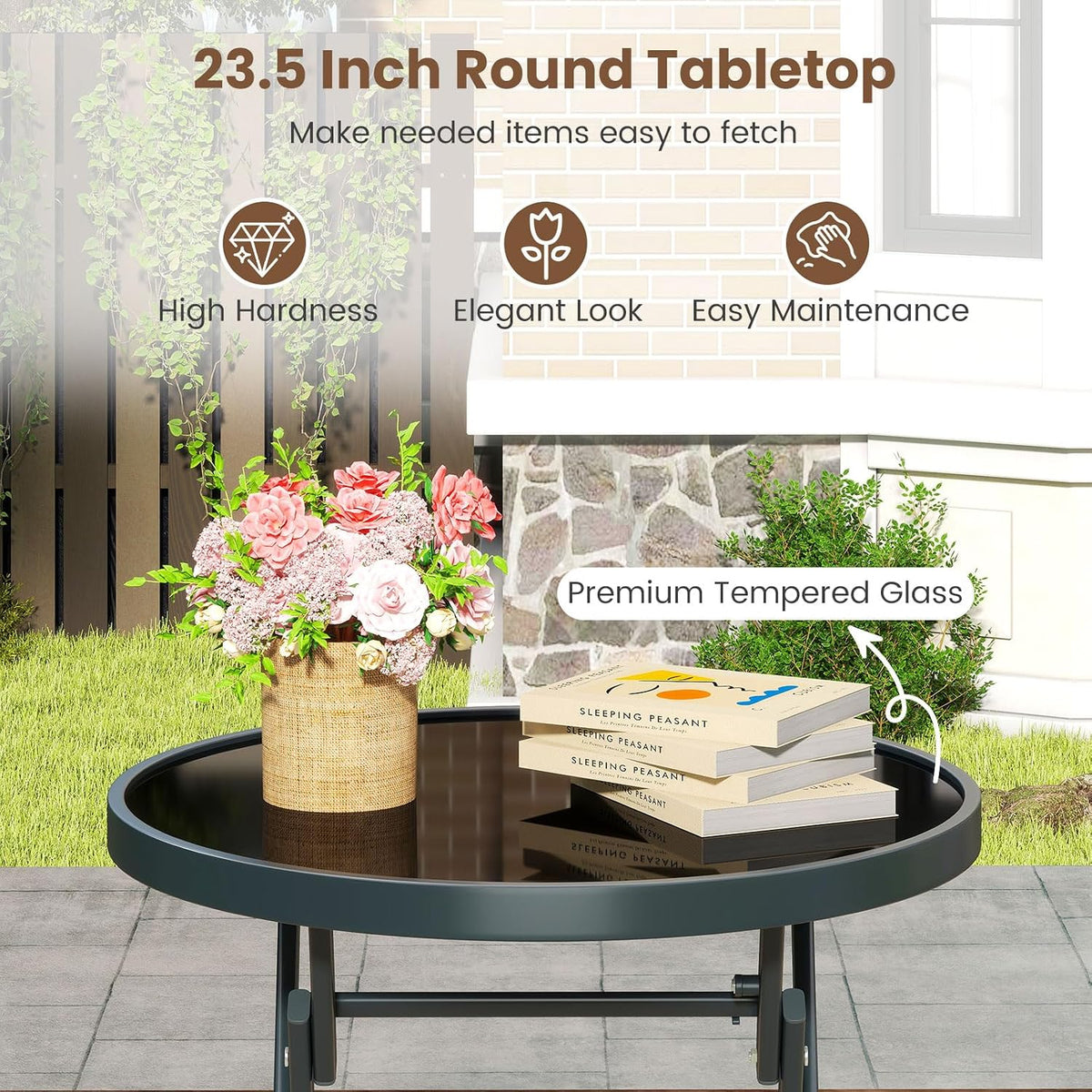 Tangkula 3 Piece Folding Bistro Set, Metal Frame Round Table & Chairs