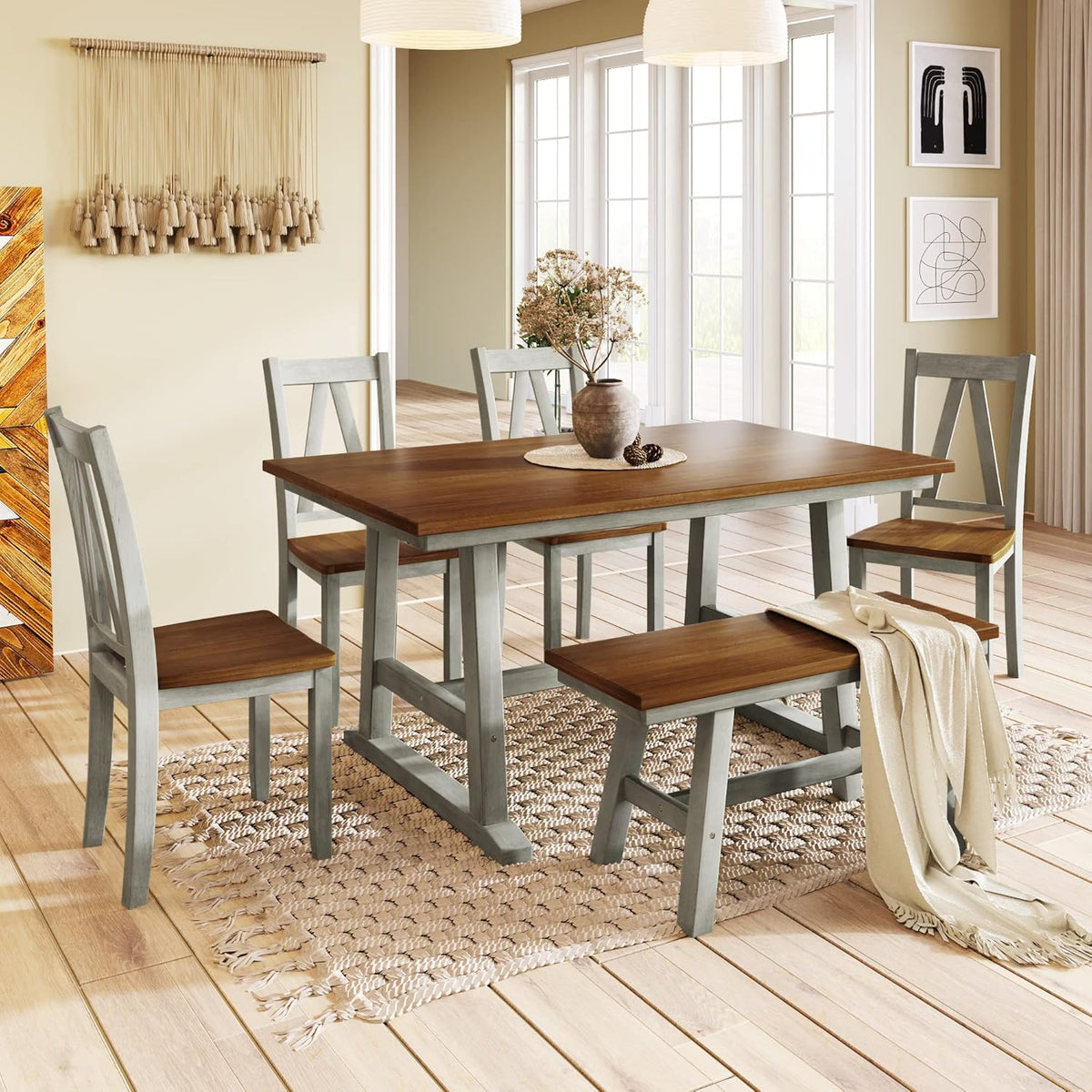 Harper & Bright Designs 6-Piece Dining Set, Farmhouse Style Wood Dining Table and 4 Dining Chairs & Long Bench, Kitchen Table Set, Walnut+Gray