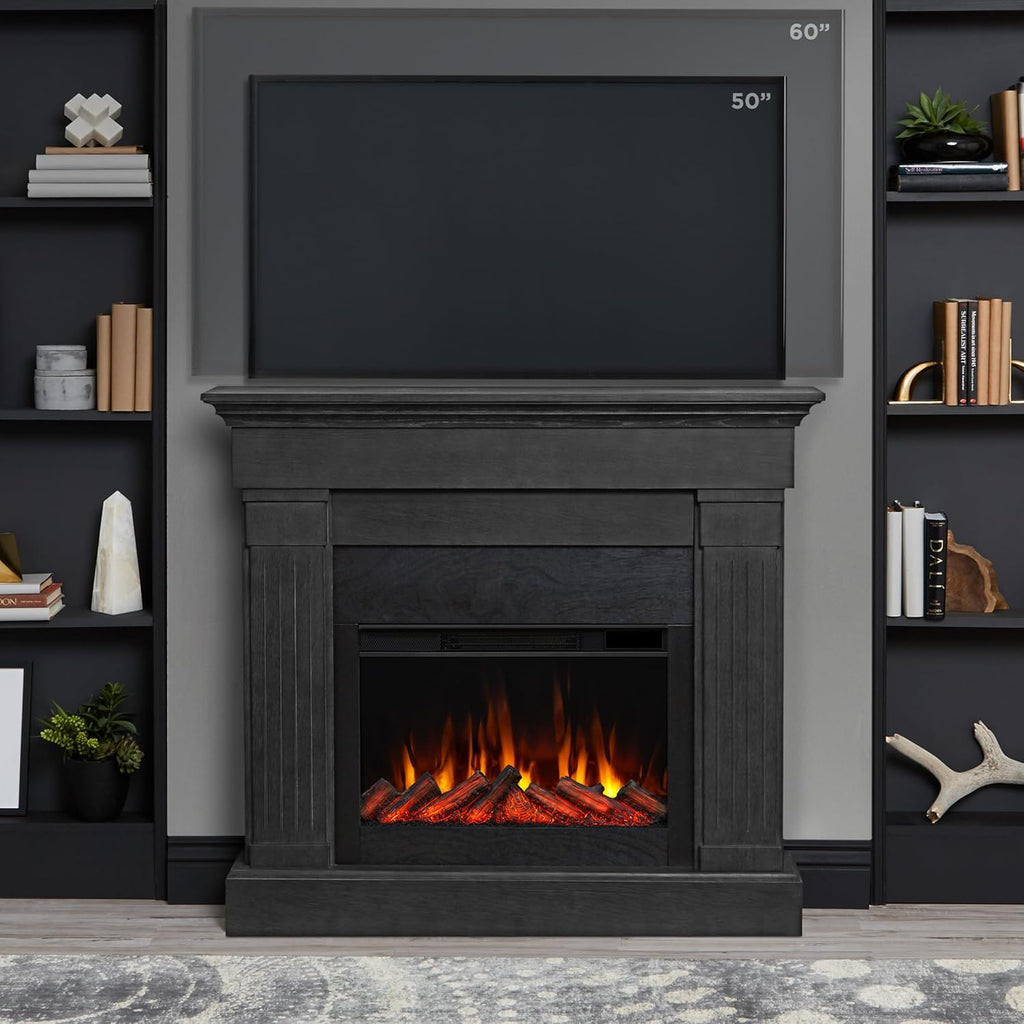 Real Flame Crawford Slim Indoor Electric Fireplace with Mantel for Living Room or Bedroom, Replaceable Fireplace Insert Heater, Realistic Log and Flame Effect, Remote Control, Timer, Gray
